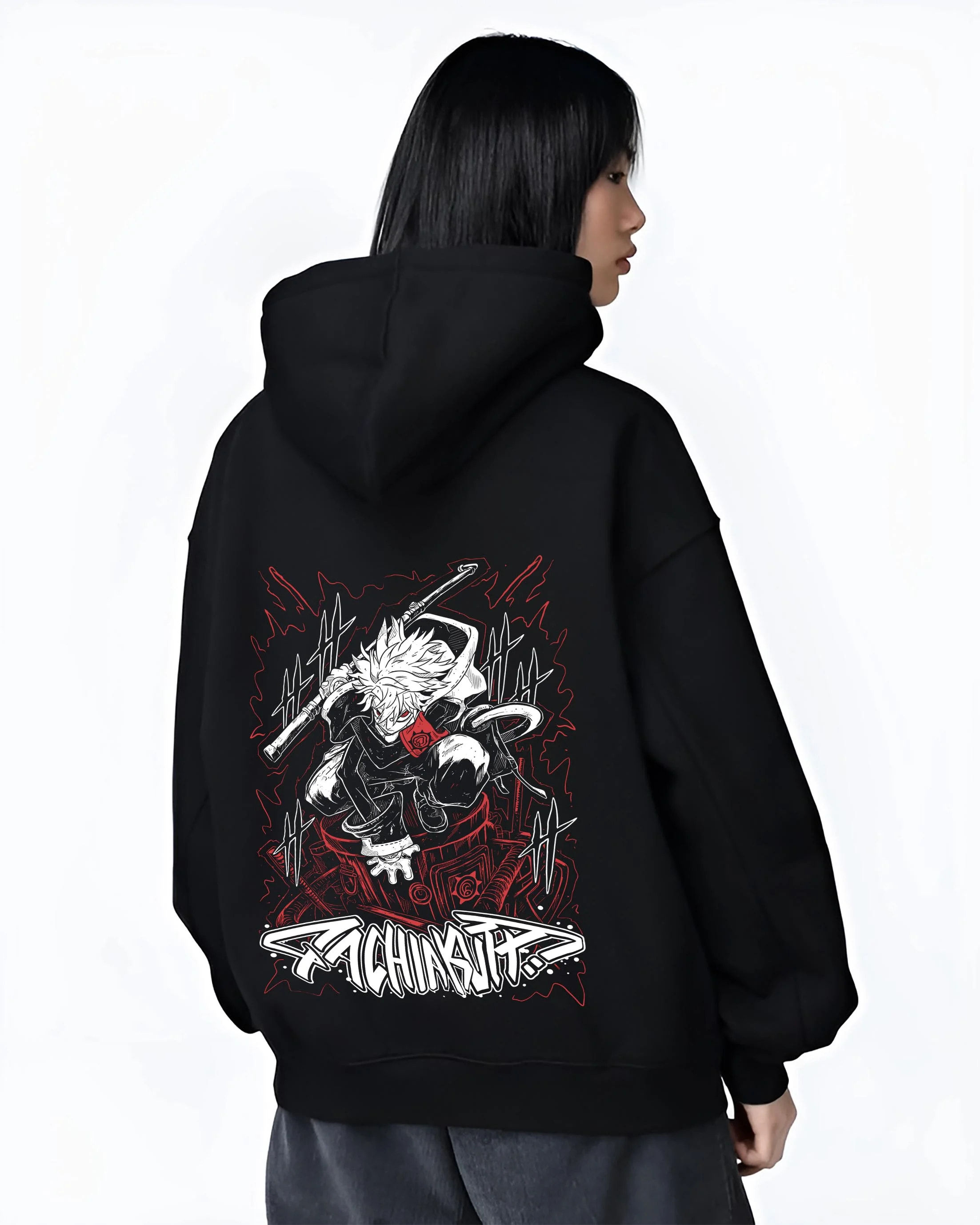 Black hoodie worn by female model, back view with Rudo Hoodie Gachiakuta Sword Combat Stance graphic Rudo anime design.