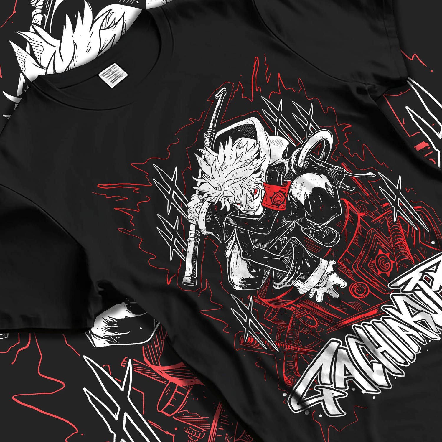 Black T-shirt laid flat with natural folds with Rudo Hoodie Gachiakuta Sword Combat Stance graphic bold anime graphic.