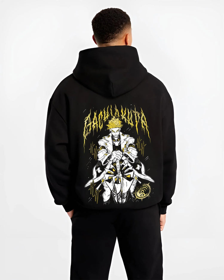 Black hoodie worn by male model, back view with Rudo Hoodie Gachiakuta Skeletal Yellow Art graphic Rudo themed artwork.
