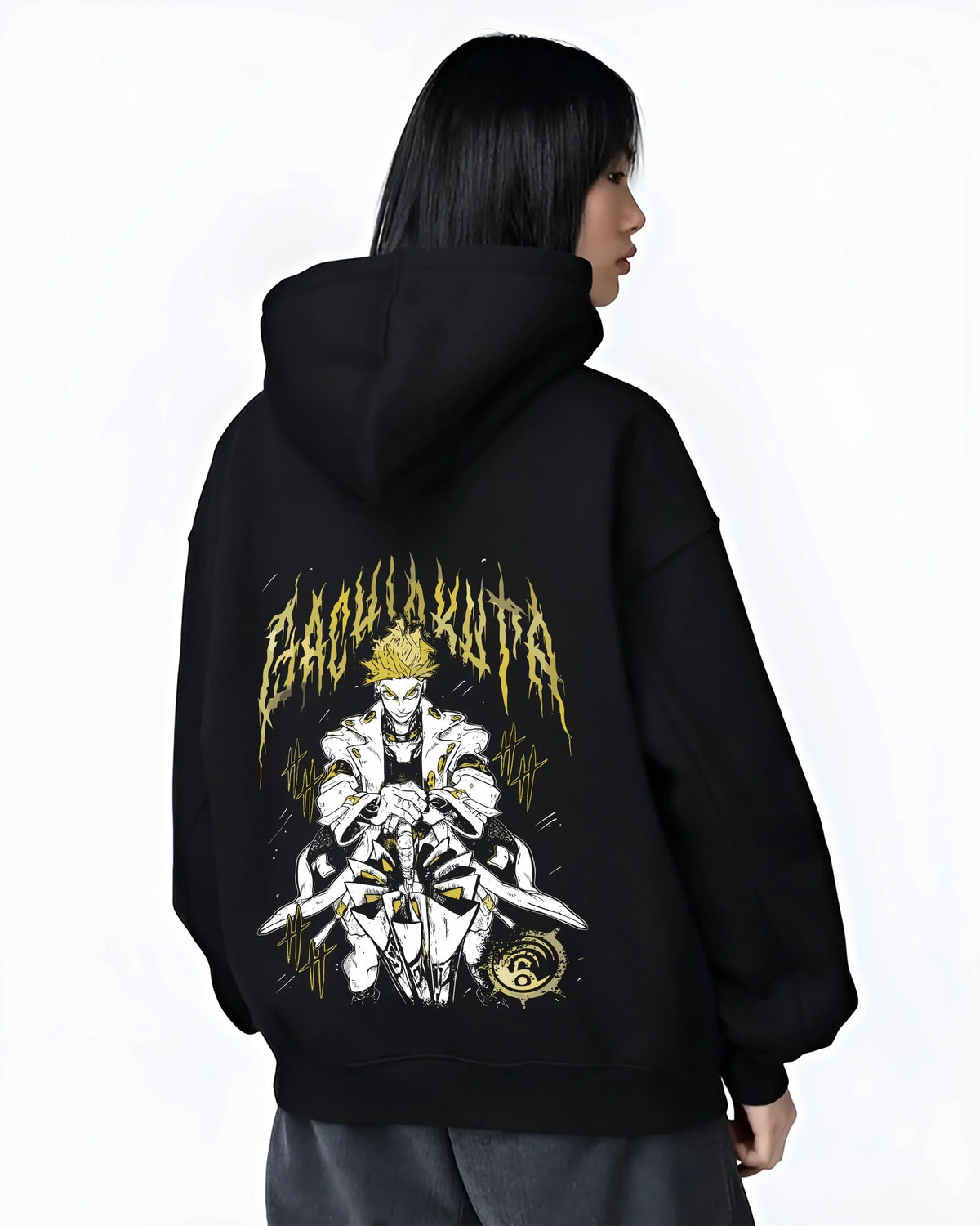 Black hoodie worn by female model, back view with Rudo Hoodie Gachiakuta Skeletal Yellow Art graphic bold anime graphic.