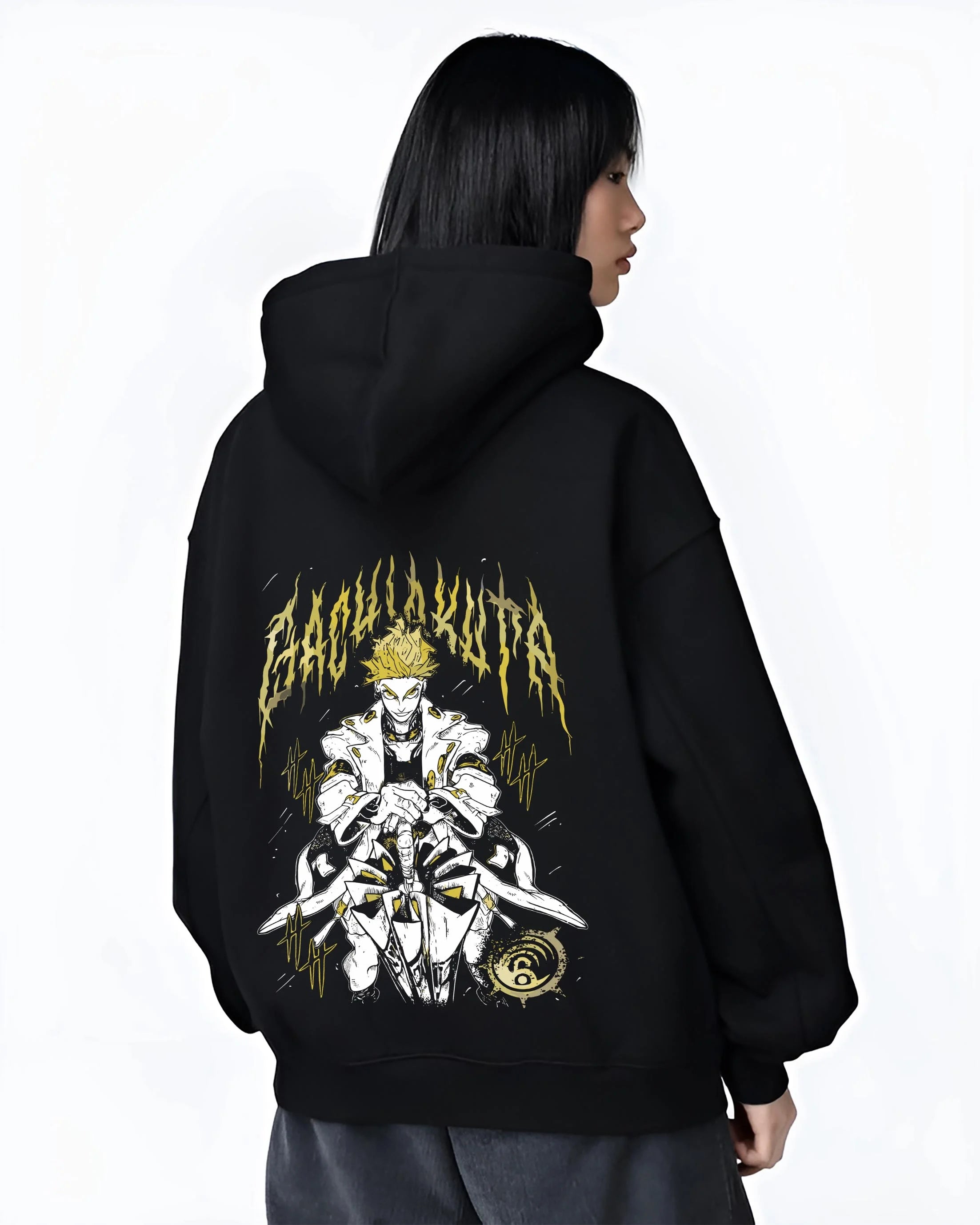 Black hoodie worn by female model, back view with Rudo Hoodie Gachiakuta Skeletal Yellow Art graphic bold anime graphic.