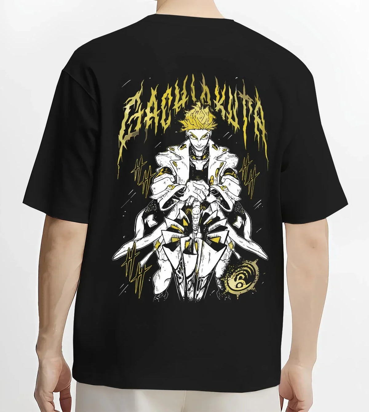 Black T-shirt worn by male model, back view with Rudo Hoodie Gachiakuta Skeletal Yellow Art graphic bold anime graphic.
