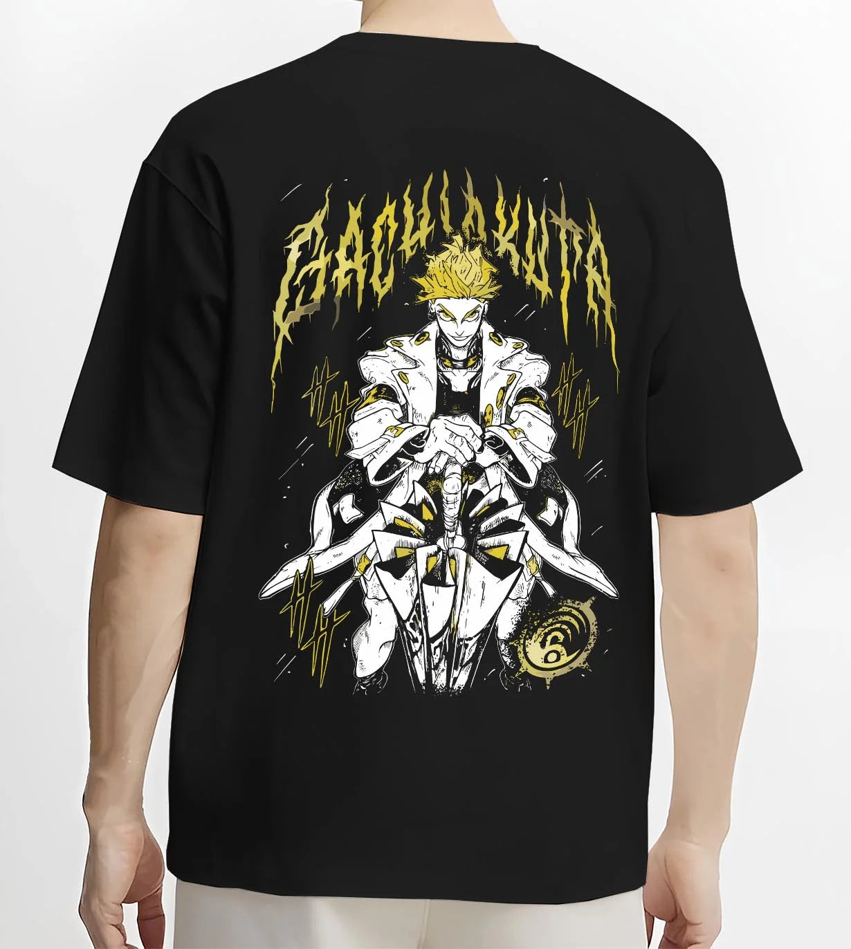 Black T-shirt worn by male model, back view with Rudo Hoodie Gachiakuta Skeletal Yellow Art graphic bold anime graphic.
