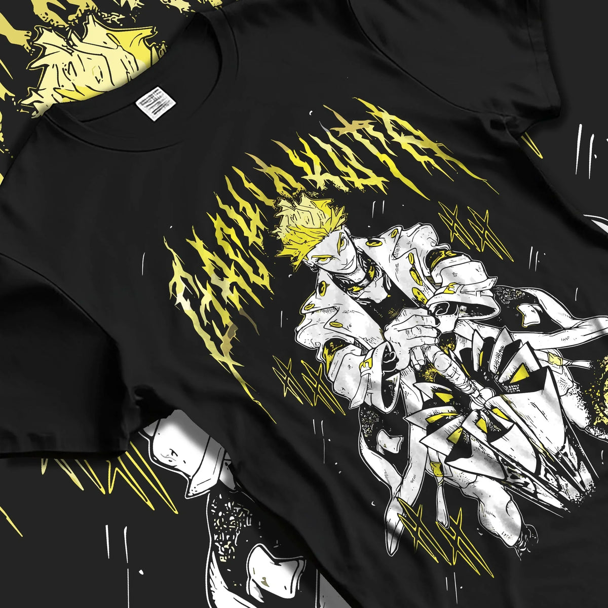 Black T-shirt laid flat with natural folds with Rudo Hoodie Gachiakuta Skeletal Yellow Art graphic streetwear graphic.