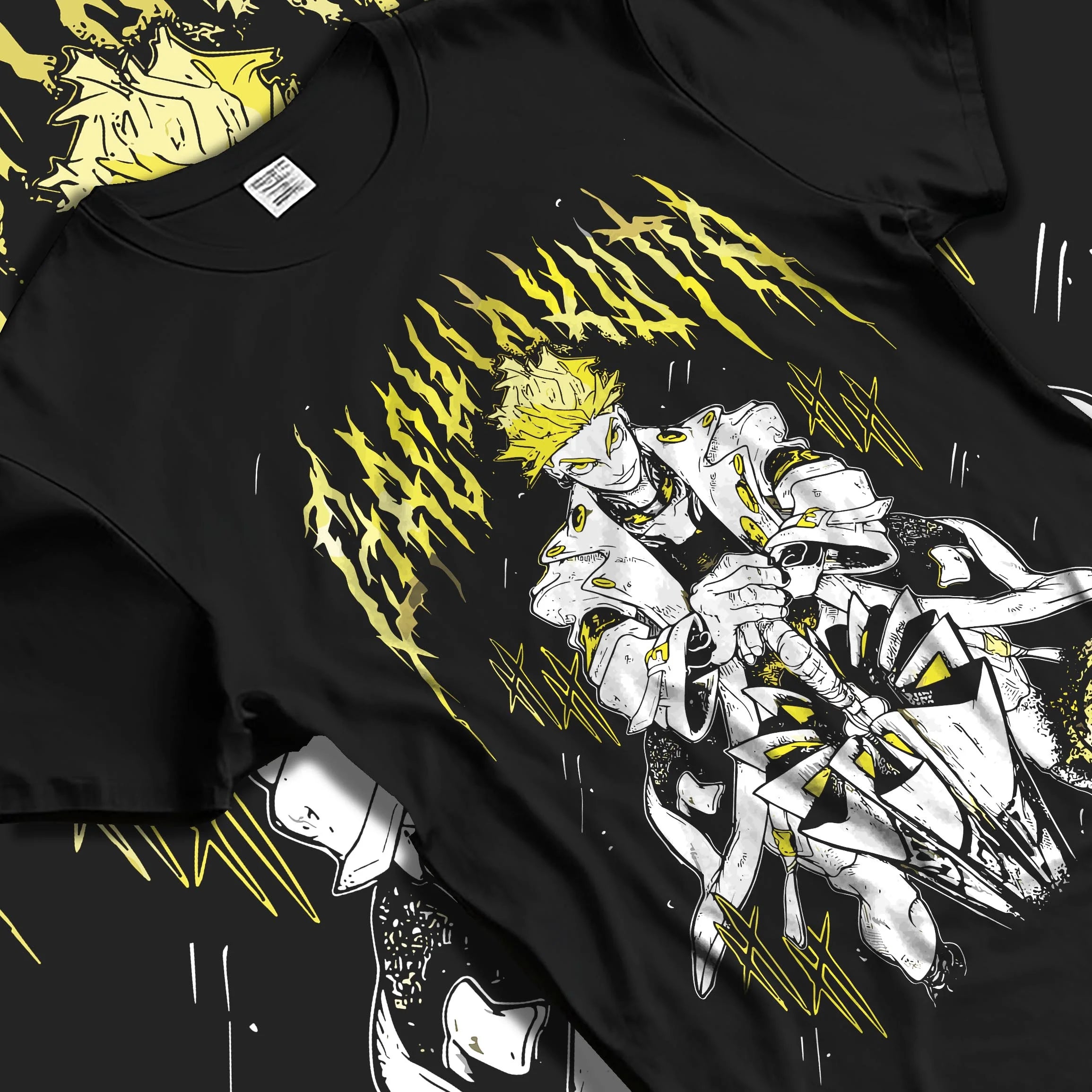 Black T-shirt laid flat with natural folds with Rudo Hoodie Gachiakuta Skeletal Yellow Art graphic streetwear graphic.