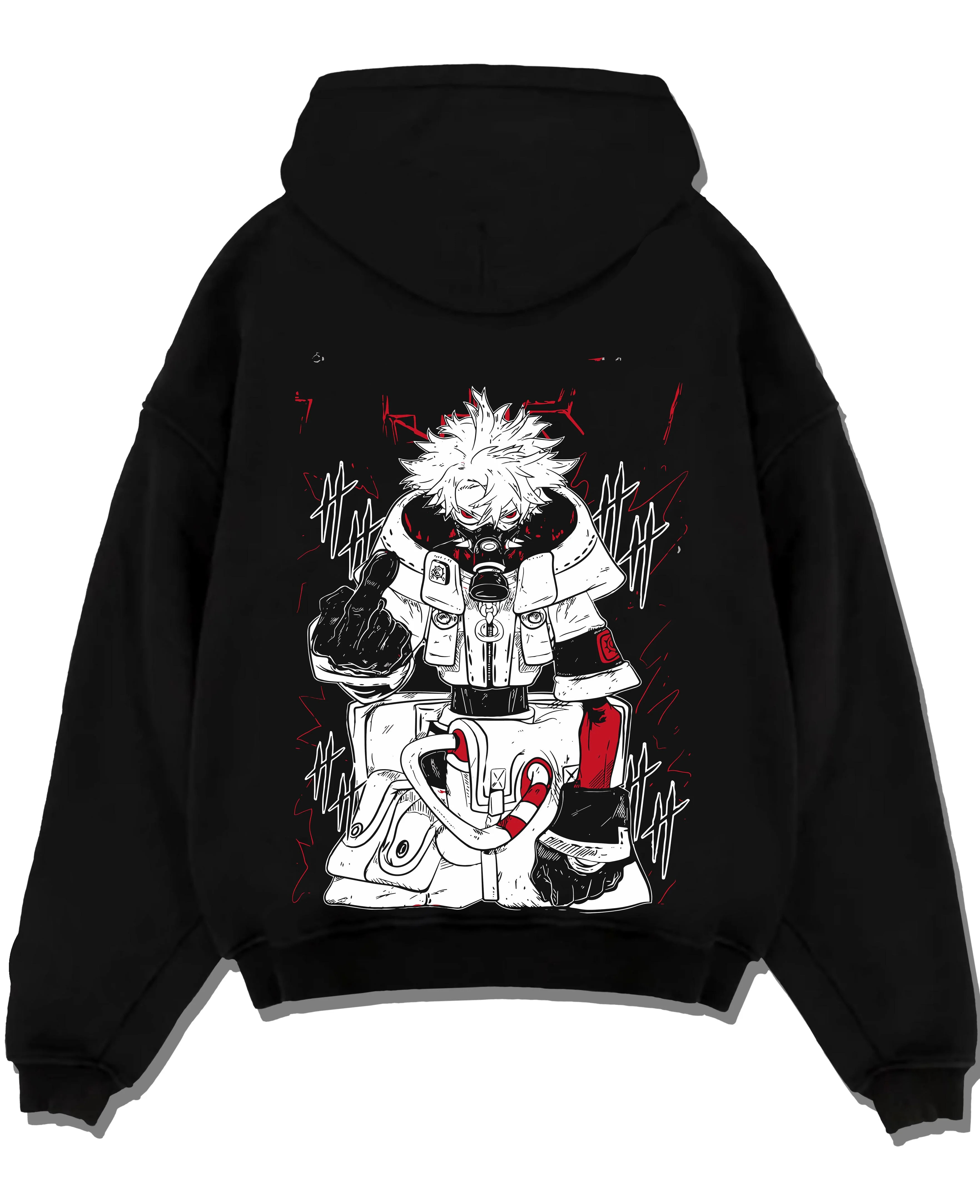 Black pullover hoodie laid flat with Rudo Hoodie Gachiakuta Toxic Red Gas Mask graphic streetwear graphic.