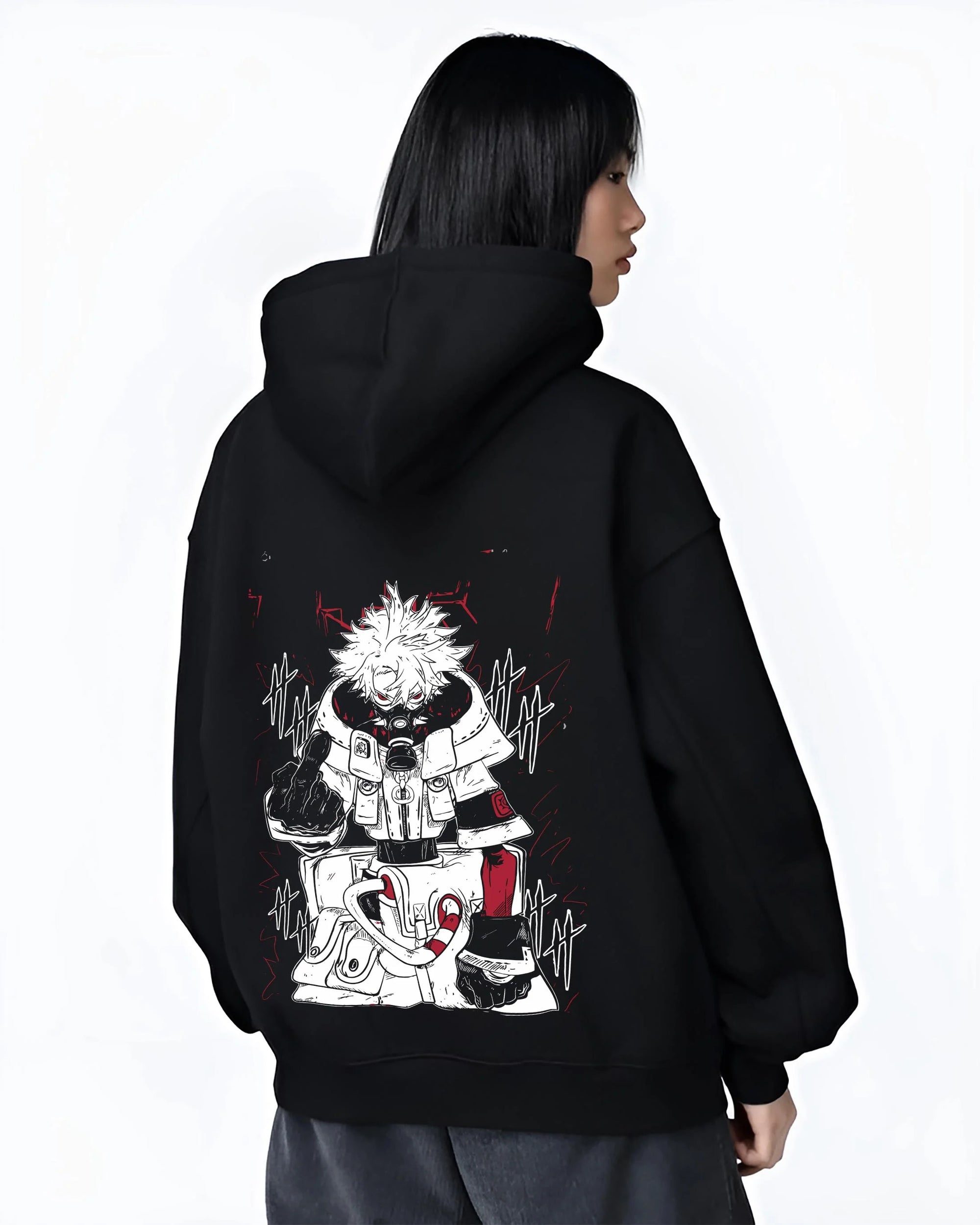 Black hoodie worn by female model, back view with Rudo Hoodie Gachiakuta Toxic Red Gas Mask graphic Rudo themed artwork.