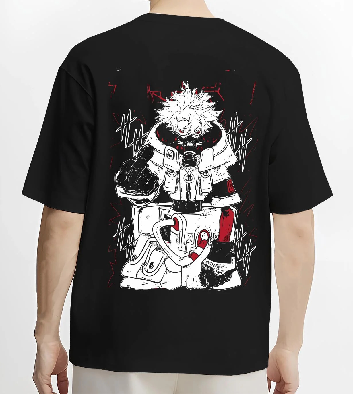Black T-shirt worn by male model, back view with Rudo Hoodie Gachiakuta Toxic Red Gas Mask graphic bold anime graphic.