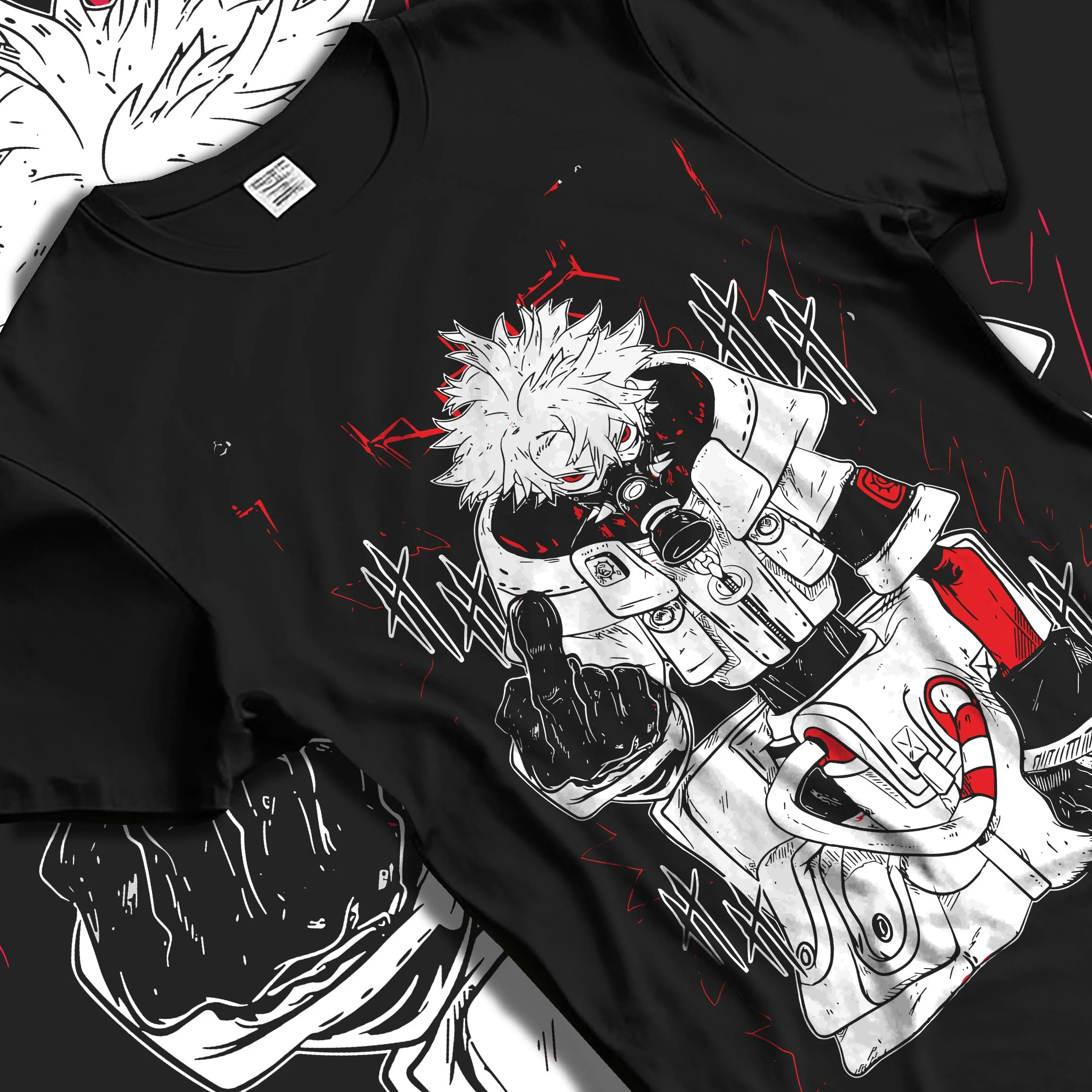 Black T-shirt laid flat with natural folds with Rudo Hoodie Gachiakuta Toxic Red Gas Mask graphic Rudo anime design.