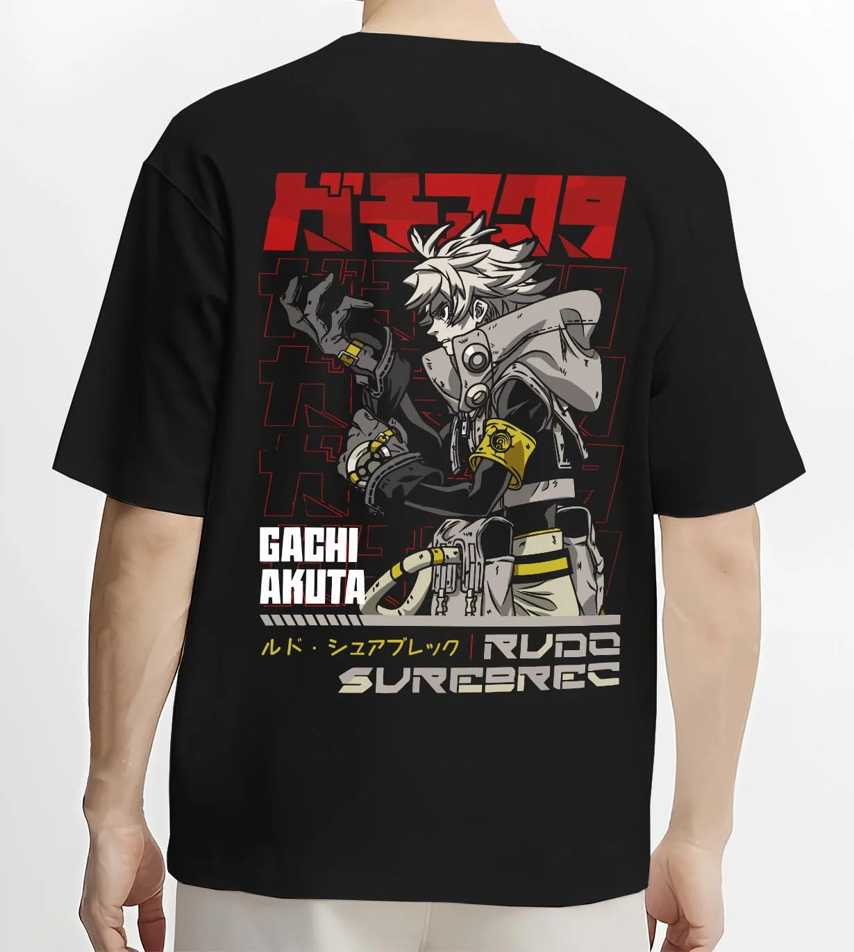 Black T-shirt worn by male model, back view with Rudo Hoodie Gachiakuta Weaponized Armor Suit graphic Rudo anime design.