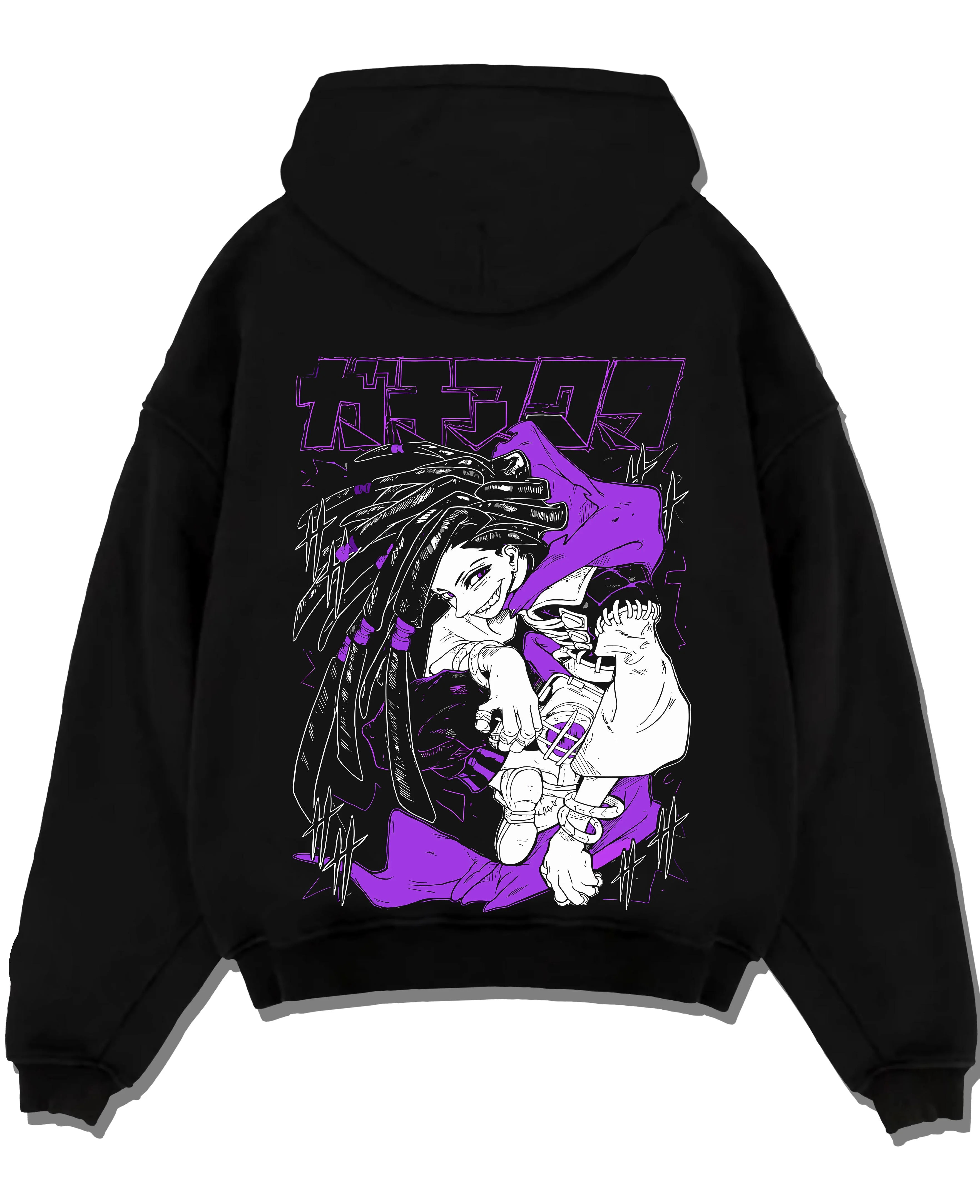 Black pullover hoodie laid flat with Rudo Hoodie Gachiakuta Purple Dreadlock Form graphic bold anime graphic.