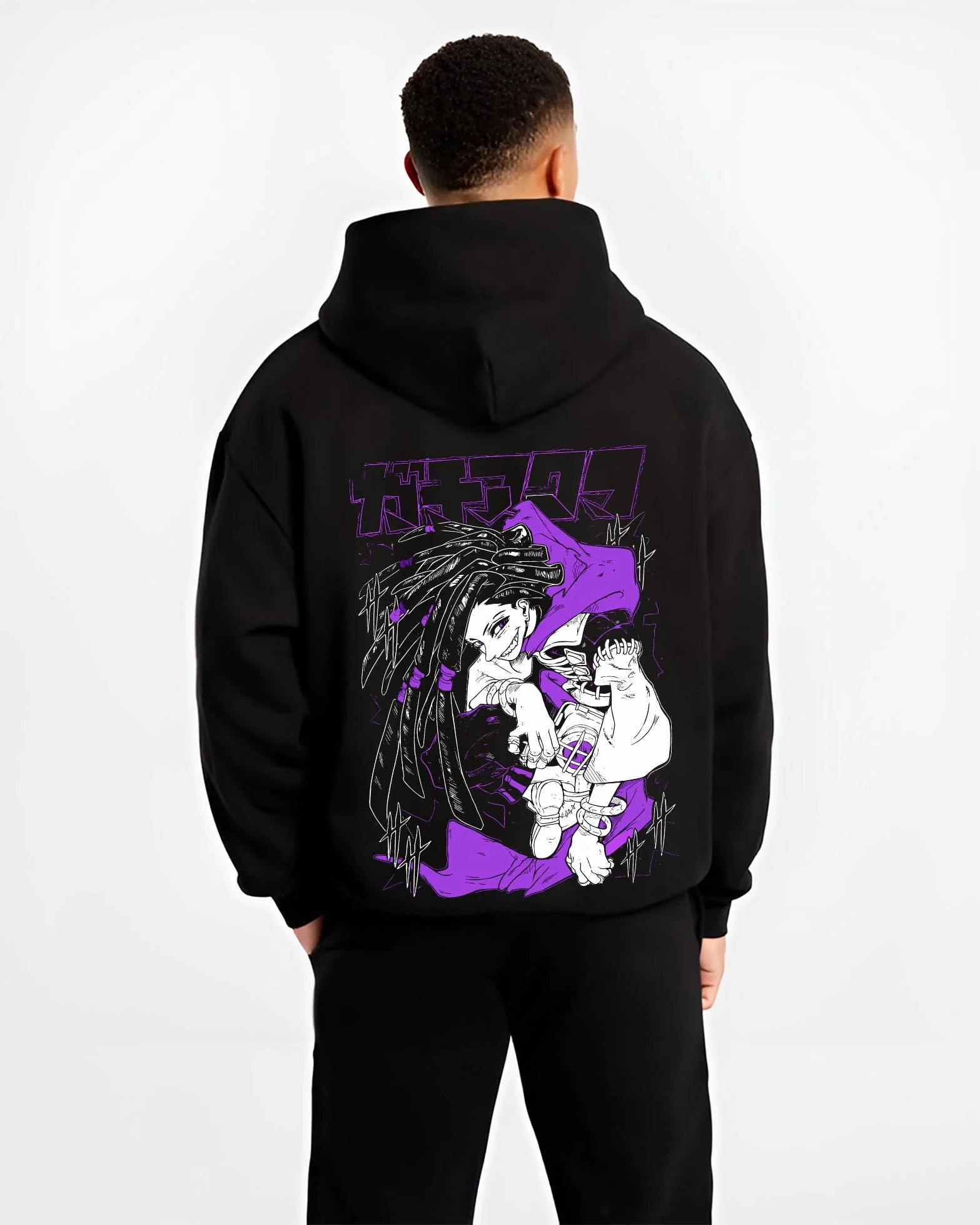 Black hoodie worn by male model, back view with Rudo Hoodie Gachiakuta Purple Dreadlock Form graphic premium wear.
