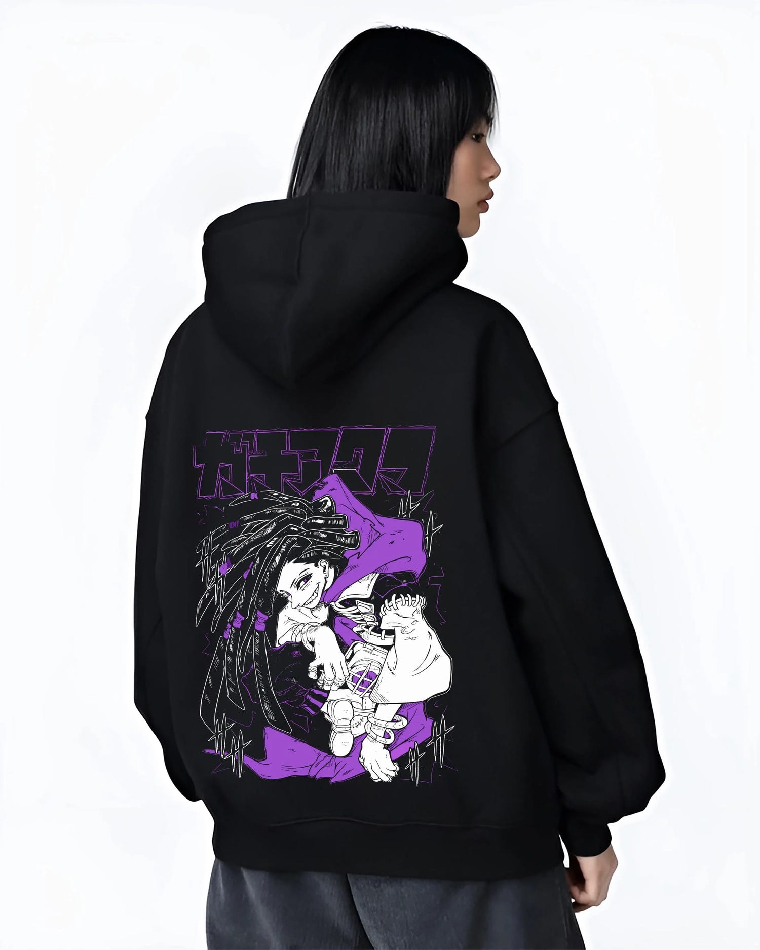 Black hoodie worn by female model, back view with Rudo Hoodie Gachiakuta Purple Dreadlock Form graphic bold anime graphic.
