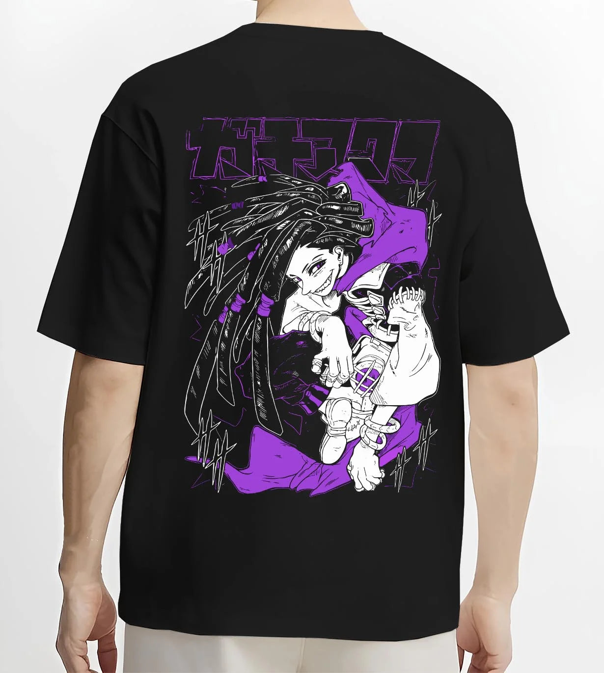 Black T-shirt worn by male model, back view with Rudo Hoodie Gachiakuta Purple Dreadlock Form graphic premium wear.