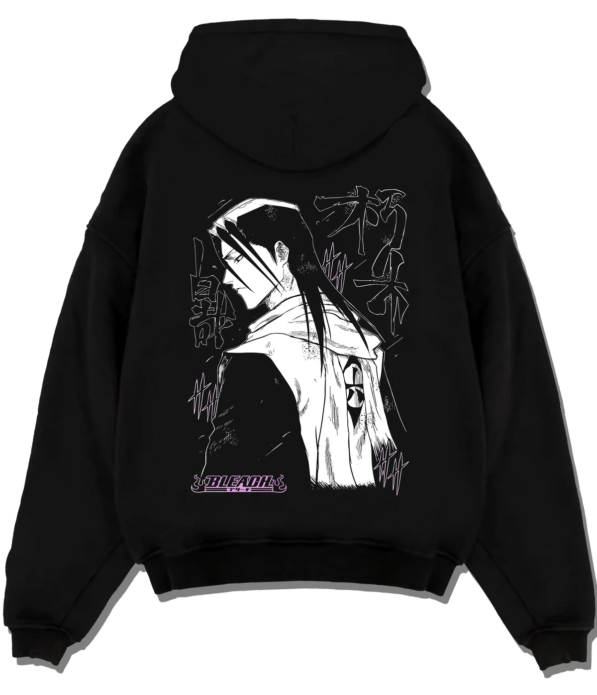 Black hoodie flat back view showing Rukia Kuchiki from Bleach: monochrome sword pose