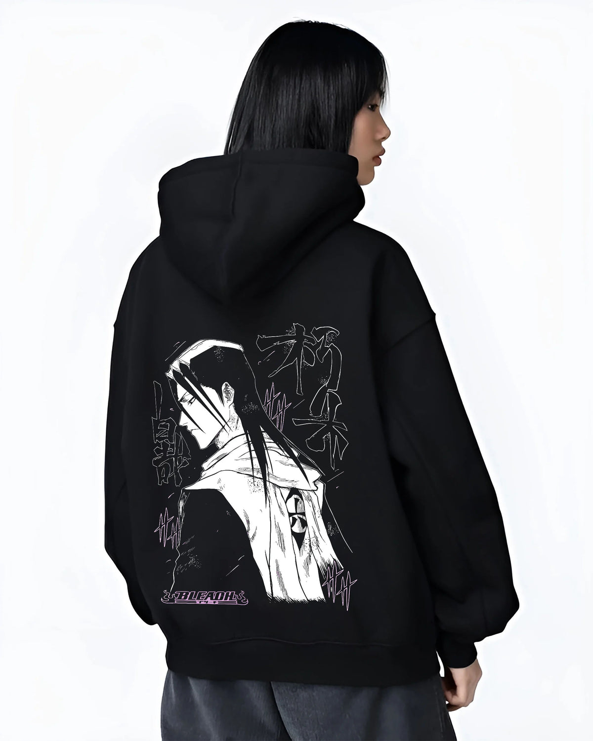 Black hoodie female model back view showing Rukia Kuchiki from Bleach: monochrome sword pose