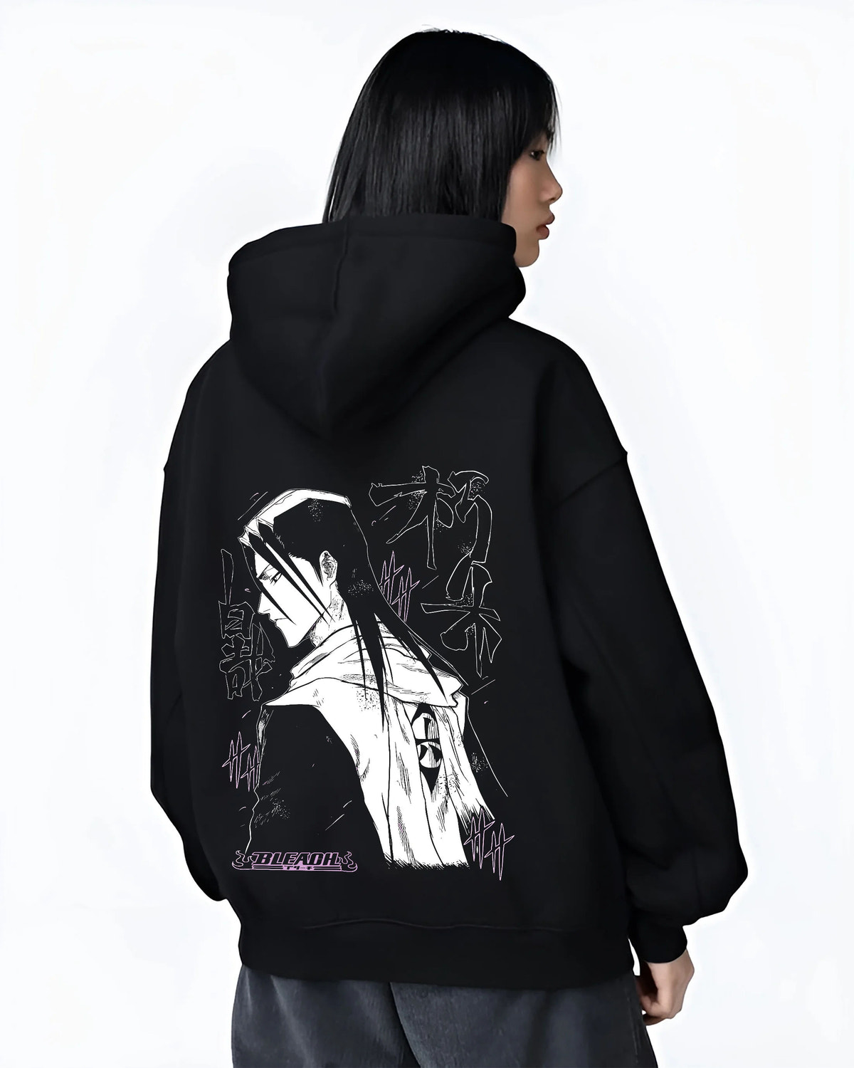 Black hoodie female model back view showing Rukia Kuchiki from Bleach: monochrome sword pose