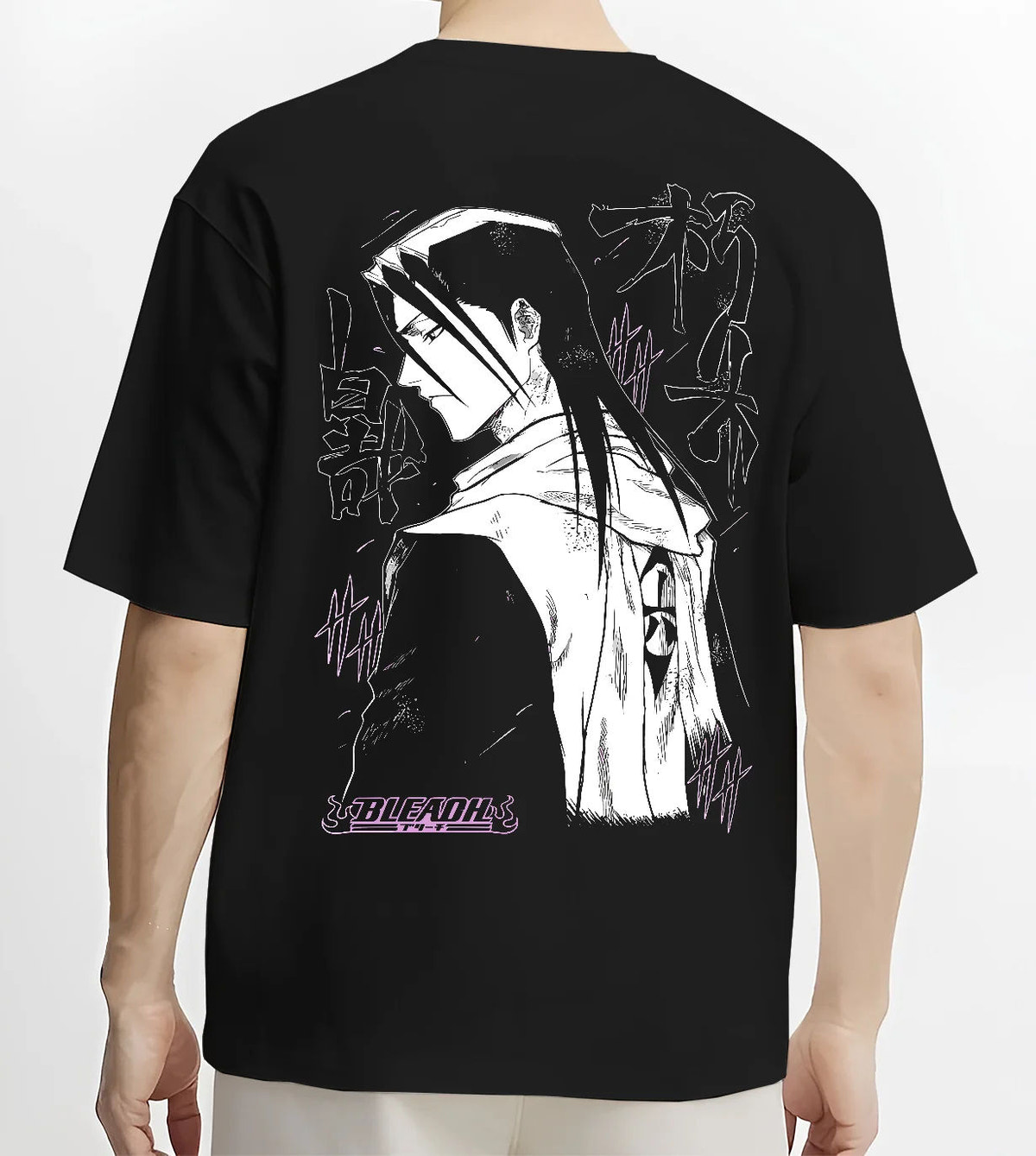 Black T-shirt model back view showing Rukia Kuchiki from Bleach: monochrome sword pose