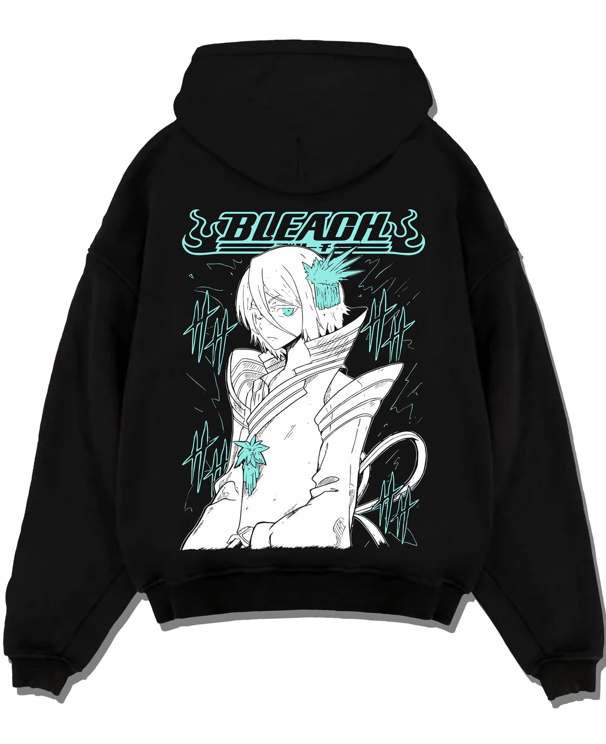 Black hoodie laid flat featuring Rukia Kuchiki ice moon Zanpakuto Bleach artwork.