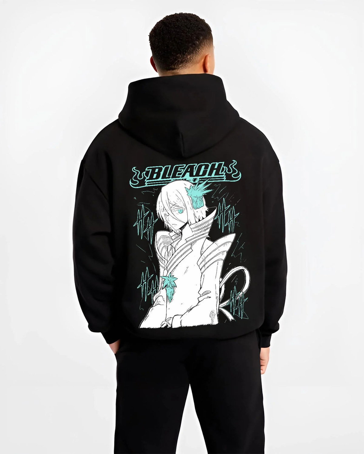 Black hoodie worn by male model from the back featuring Rukia Kuchiki ice moon Zanpakuto Bleach artwork.