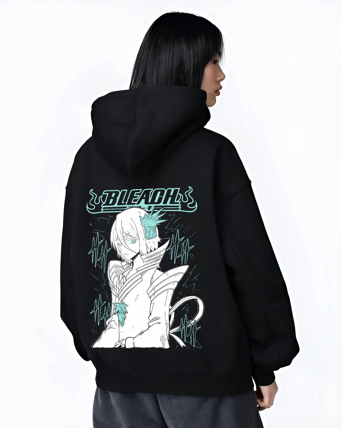 Black hoodie worn by female model from the back featuring Rukia Kuchiki ice moon Zanpakuto Bleach artwork.
