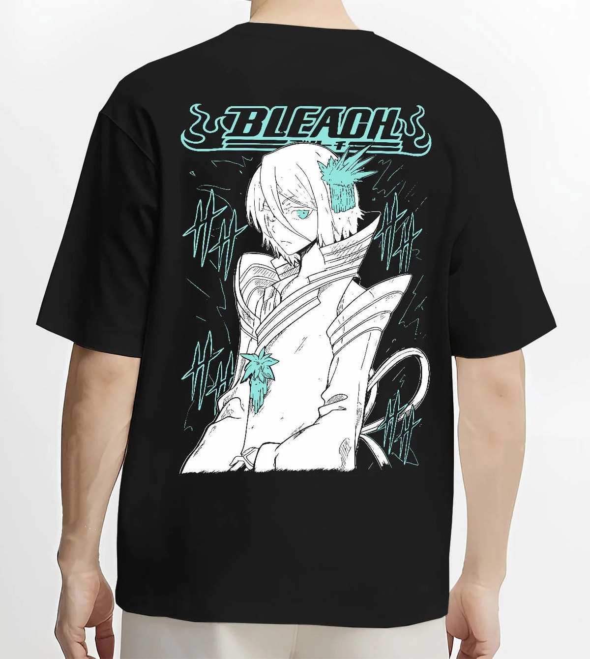 Black T-shirt worn by male model from the back featuring Rukia Kuchiki ice moon Zanpakuto Bleach artwork.