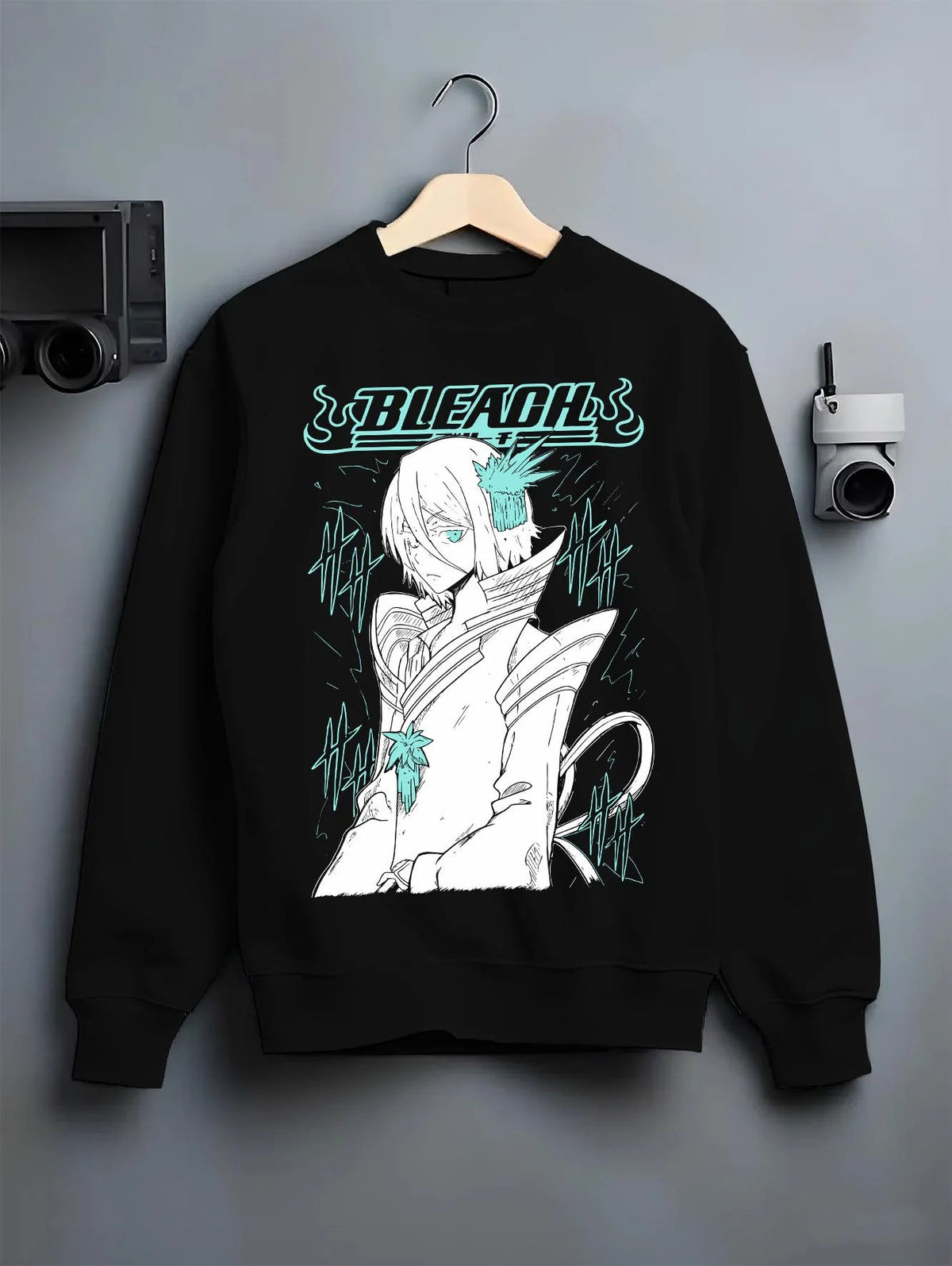 Black crewneck sweatshirt on hanger featuring Rukia Kuchiki ice moon Zanpakuto Bleach artwork.