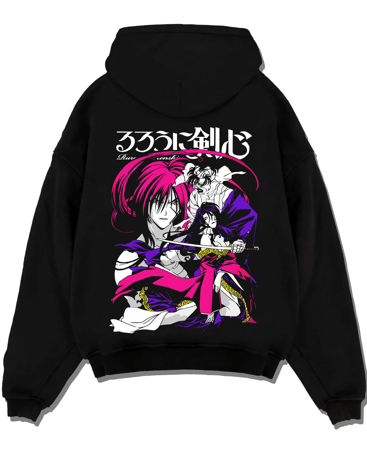 Black hoodie laid flat featuring Kenshin Himura reverse blade sword Rurouni Kenshin artwork.