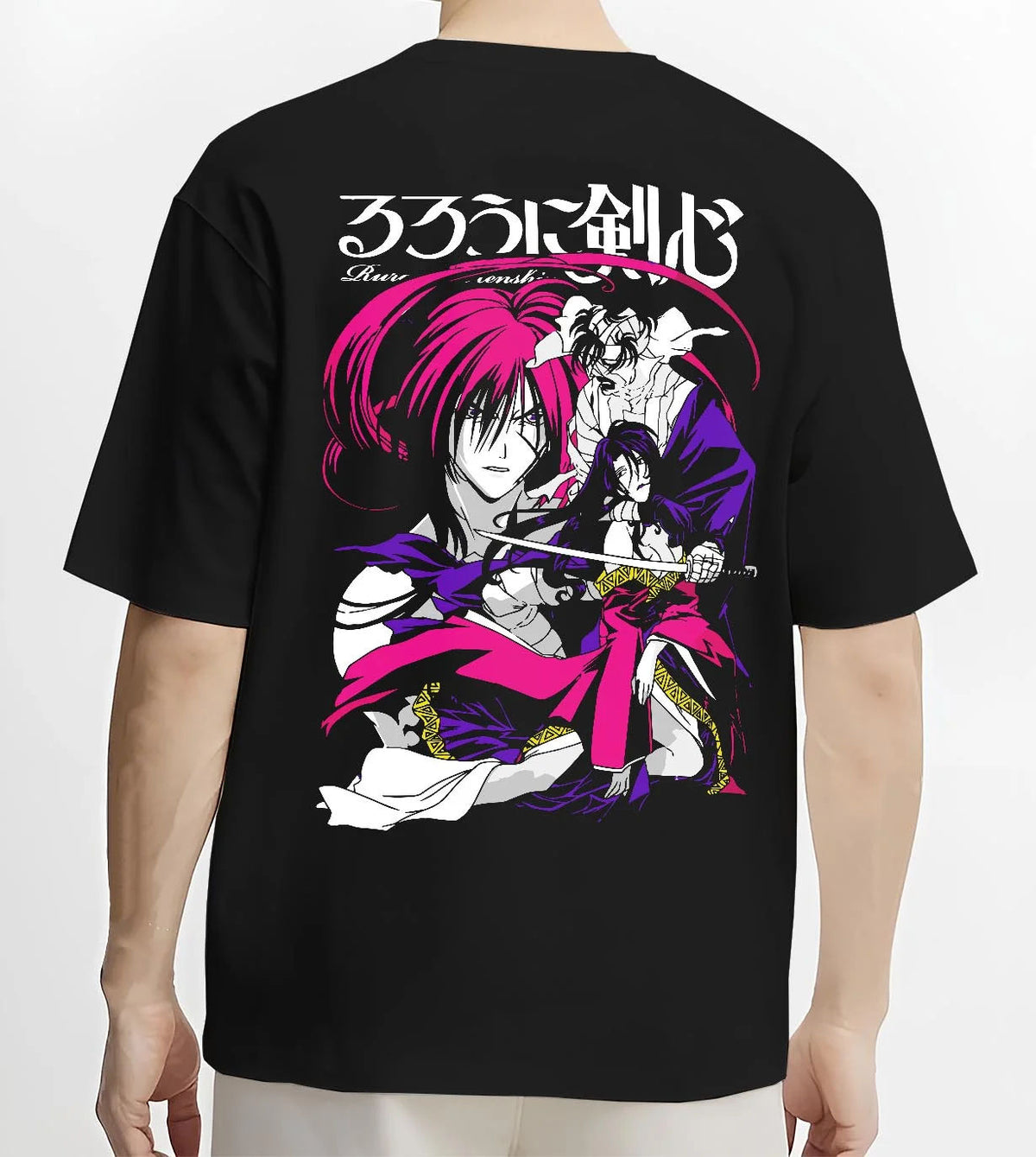 Black T-shirt worn by male model from the back featuring Kenshin Himura reverse blade sword Rurouni Kenshin artwork.
