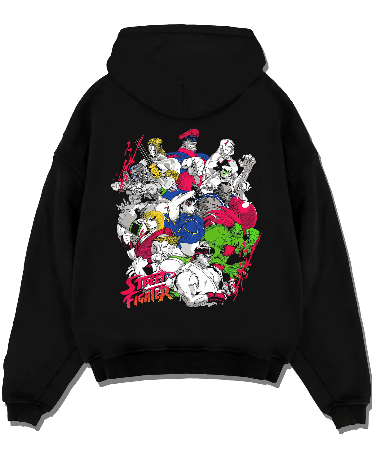 Black hoodie laid flat featuring Ryu Hadouken World Warrior Street Fighter artwork.