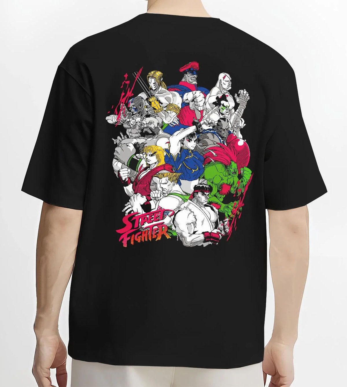 Black T-shirt worn by male model from the back featuring Ryu Hadouken World Warrior Street Fighter artwork.