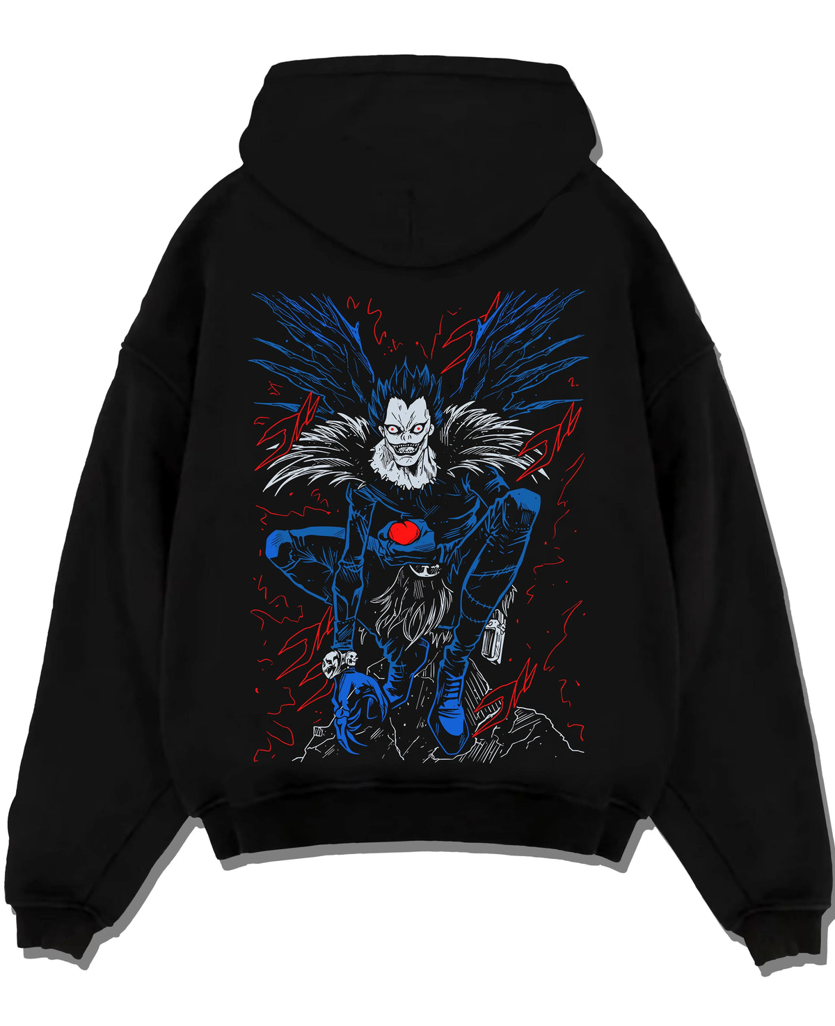 Black hoodie laid flat featuring Ryuk Shinigami apple Death Note artwork.
