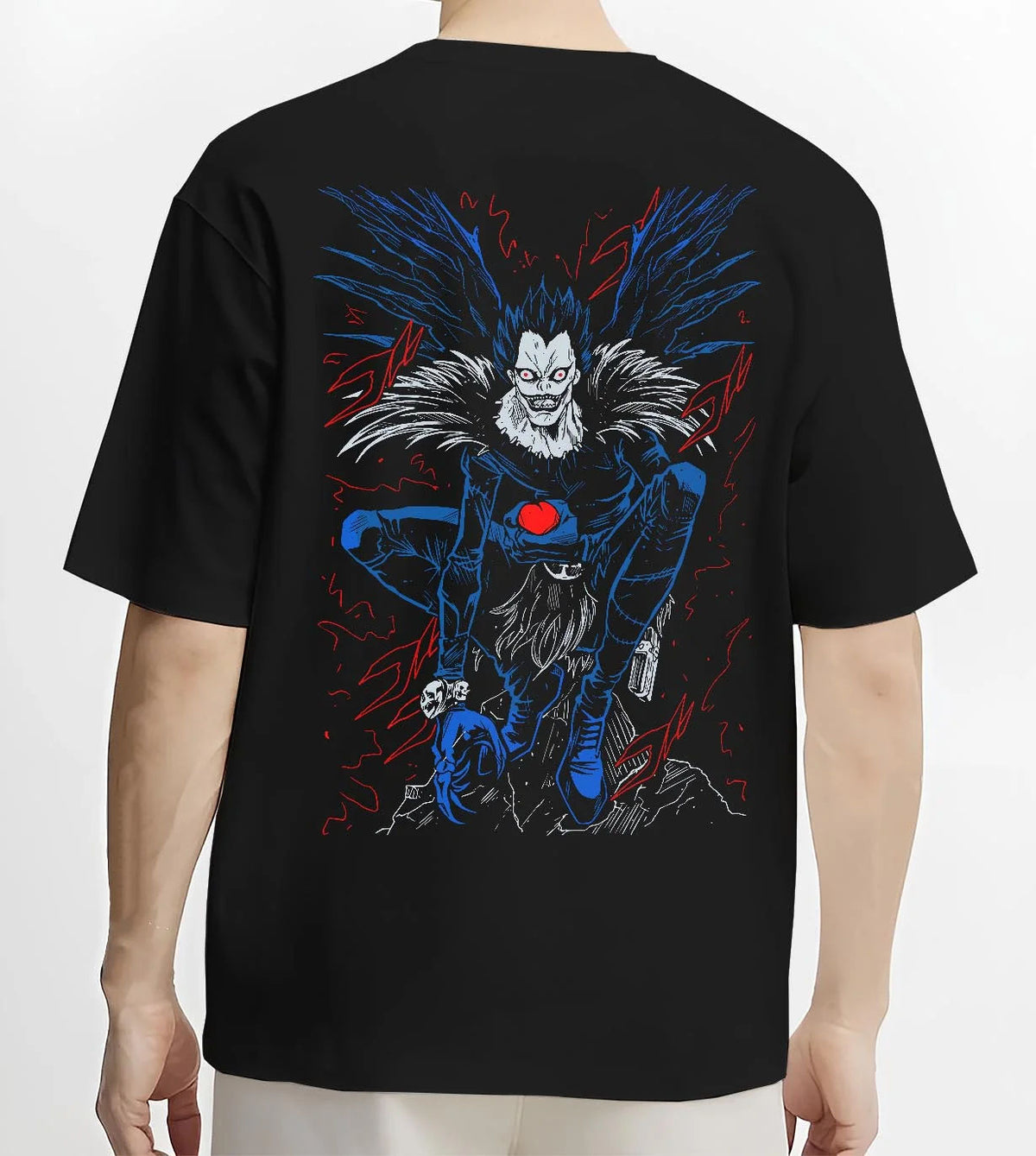 Black T-shirt worn by male model from the back featuring Ryuk Shinigami apple Death Note artwork.