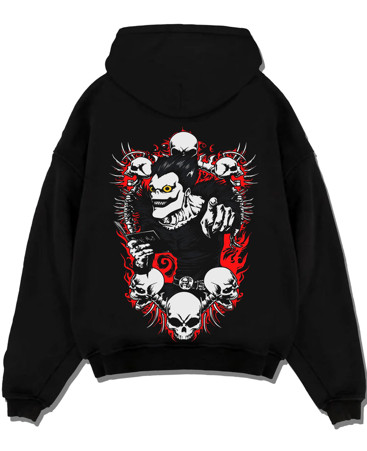 Black pullover hoodie laid flat with Ryuk Hoodie Death Note Shinigami Apple Reaper Anime graphic Ryuk themed artwork.
