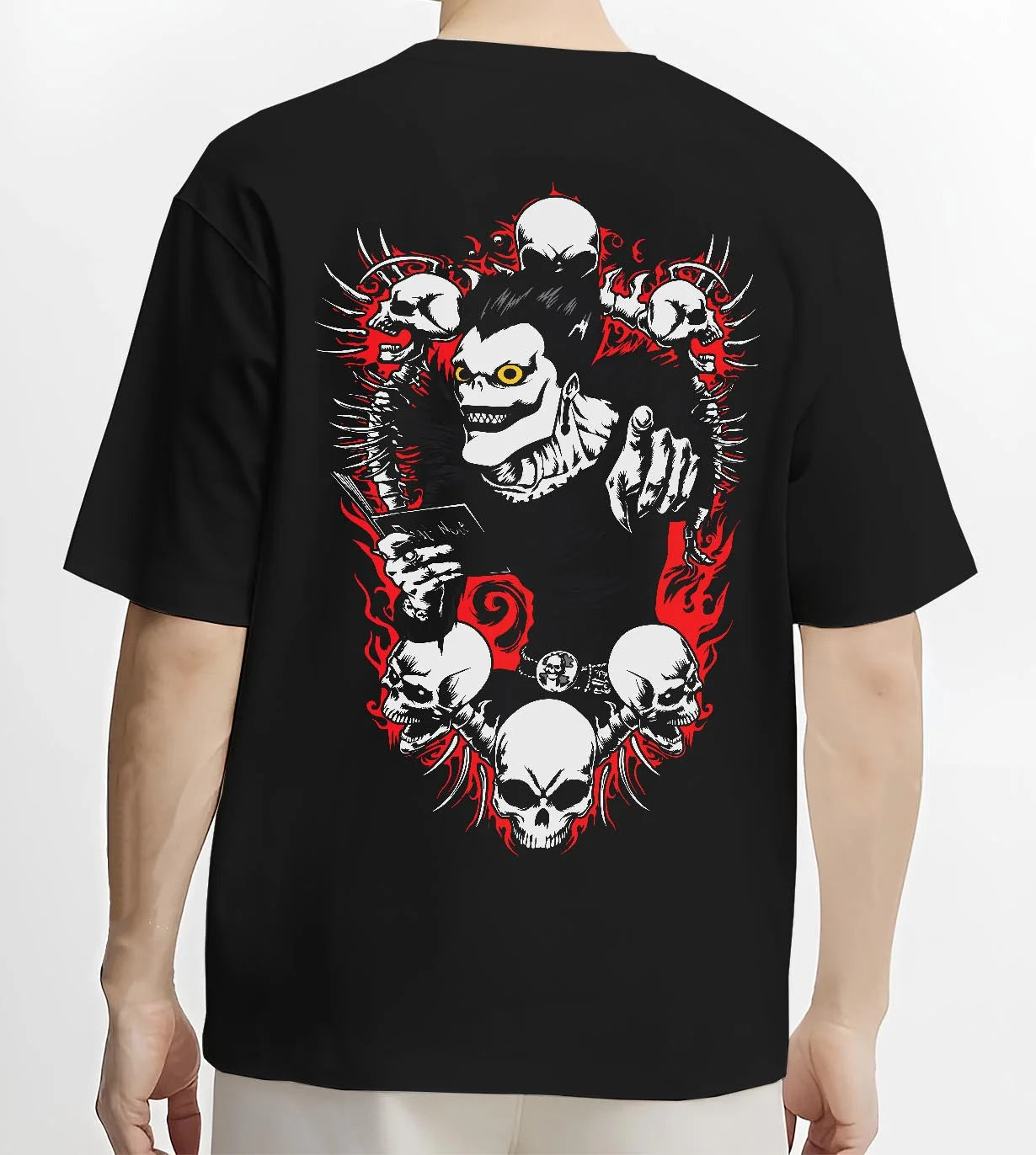 Black T-shirt worn by male model, back view with Ryuk Hoodie Death Note Shinigami Apple Reaper Anime graphic streetwear graphic.