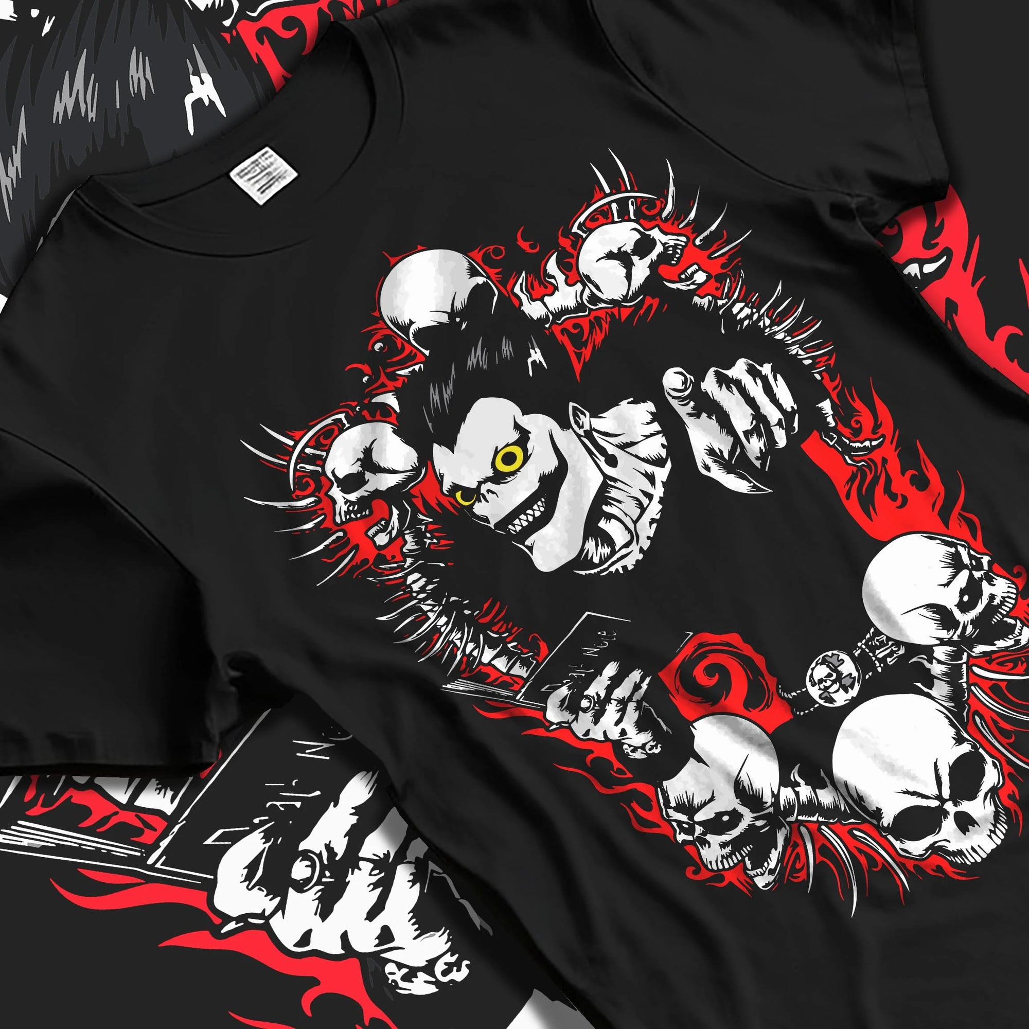 Black T-shirt laid flat with natural folds with Ryuk Hoodie Death Note Shinigami Apple Reaper Anime graphic Ryuk themed artwork.