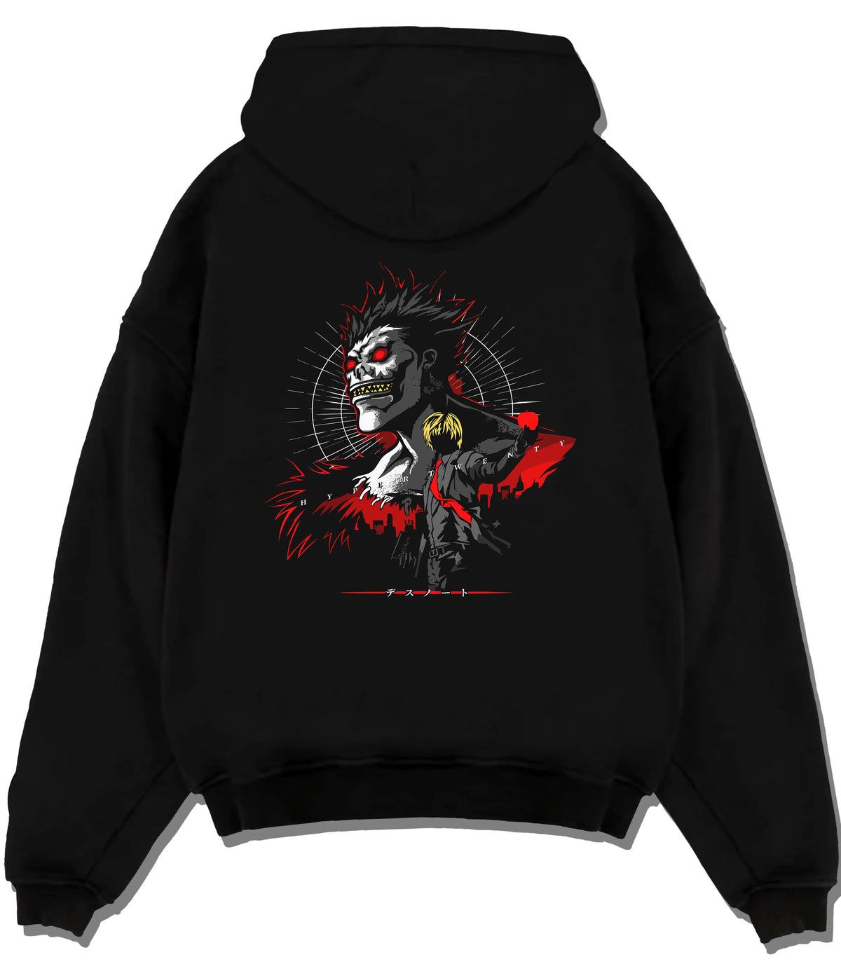 Black hoodie flat back view showing Ryuk from Death Note: Shinigami red-black lighting design