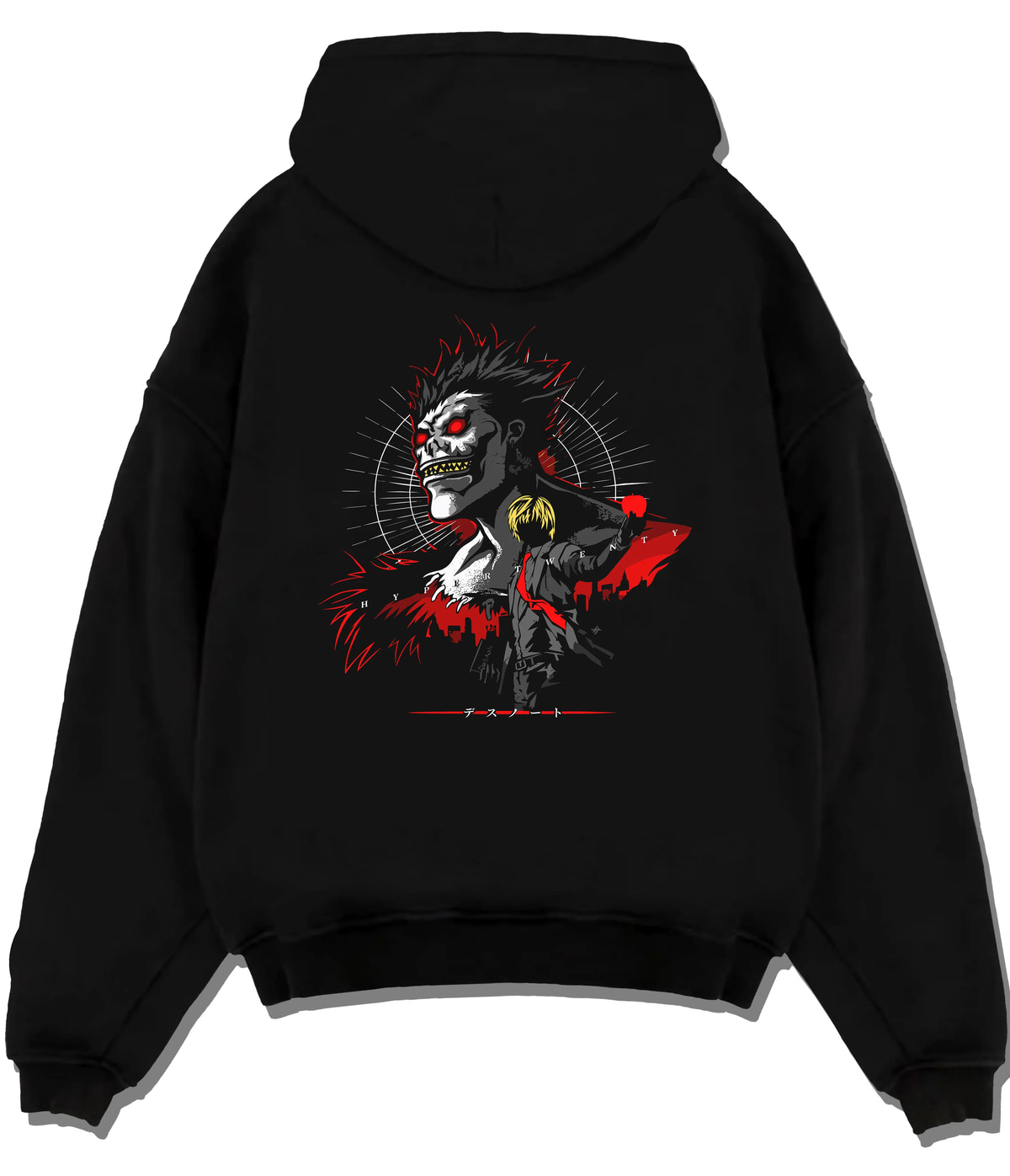 Black hoodie flat back view showing Ryuk from Death Note: Shinigami red-black lighting design