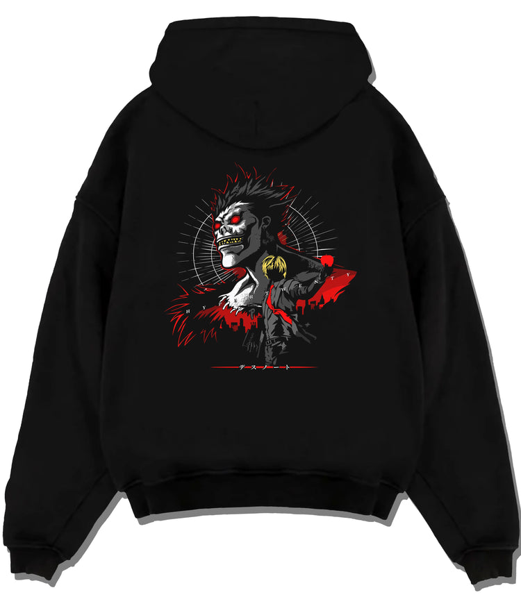 Black hoodie flat back view showing Ryuk from Death Note: Shinigami red-black lighting design