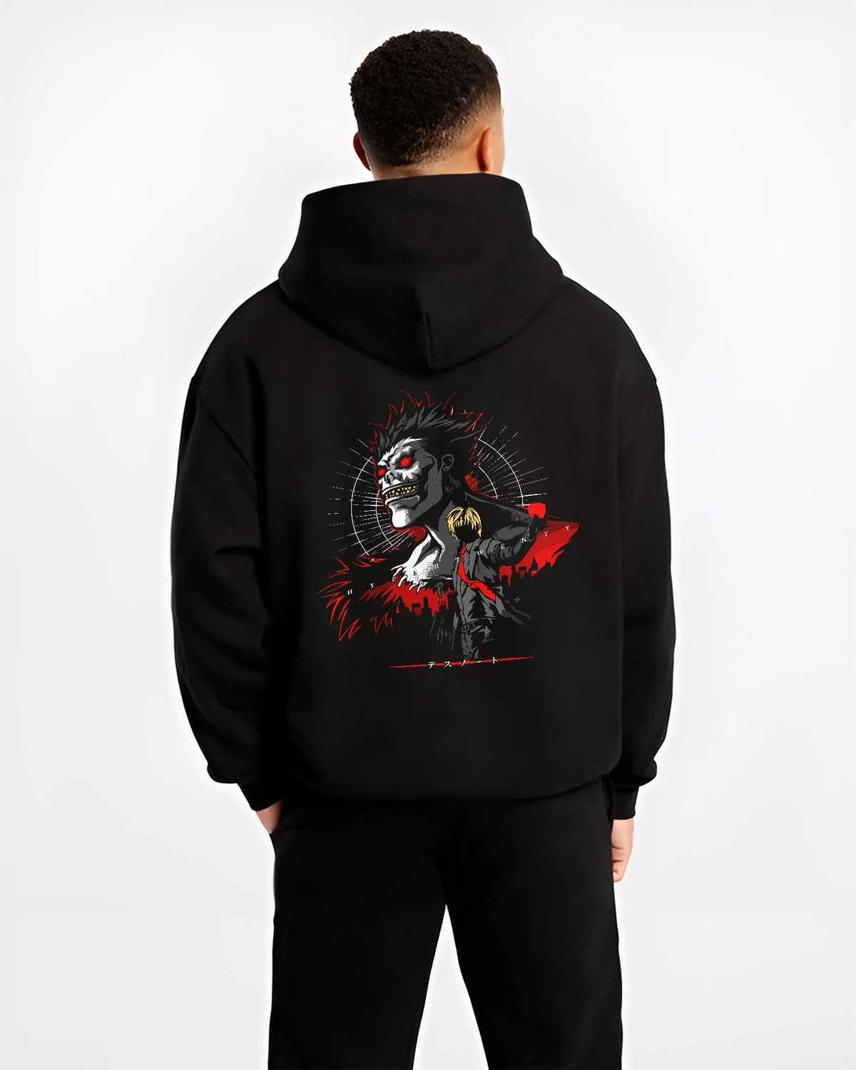 Black hoodie model back view showing Ryuk from Death Note: Shinigami red-black lighting design