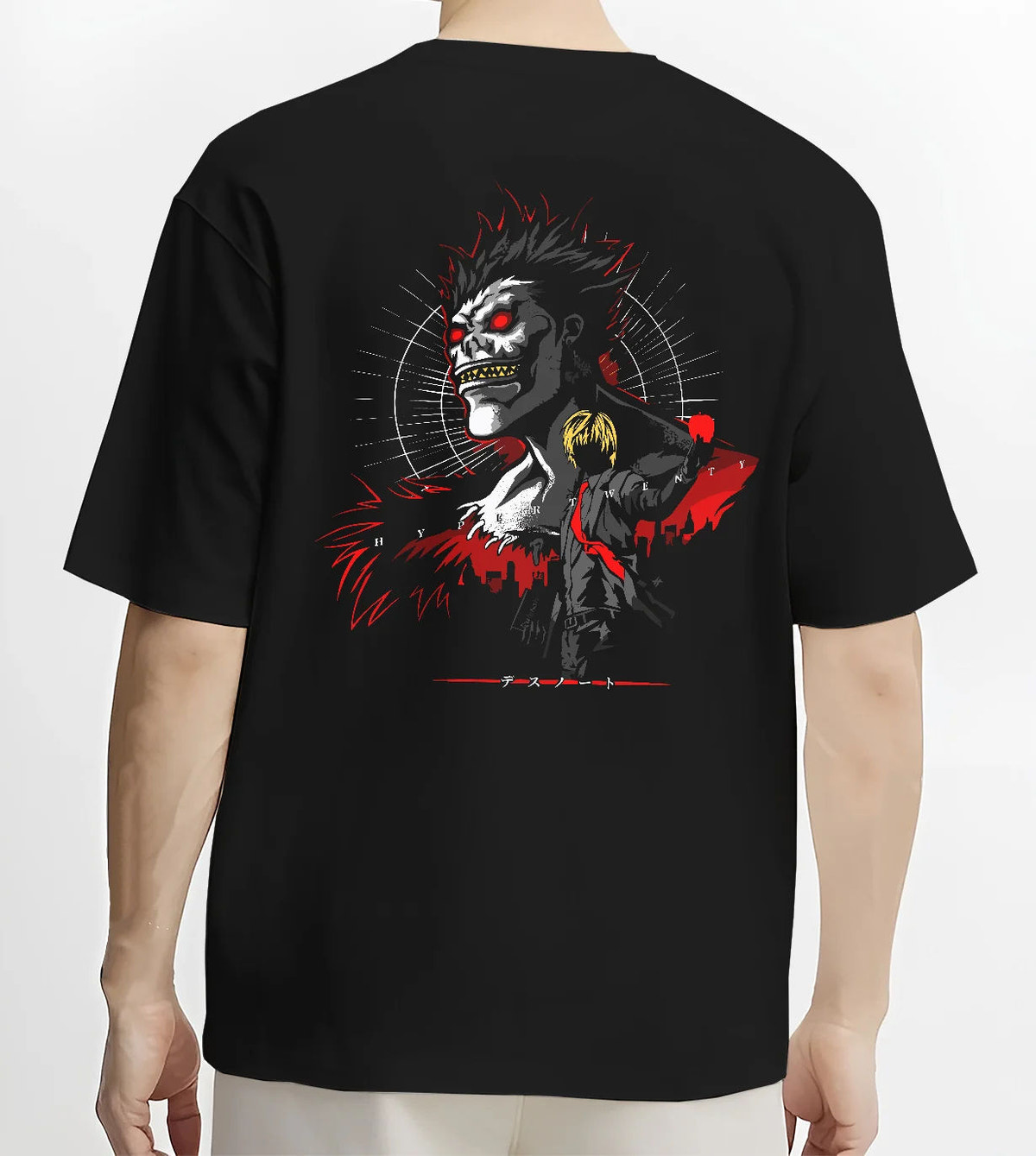 Black T-shirt model back view showing Ryuk from Death Note: Shinigami red-black lighting design