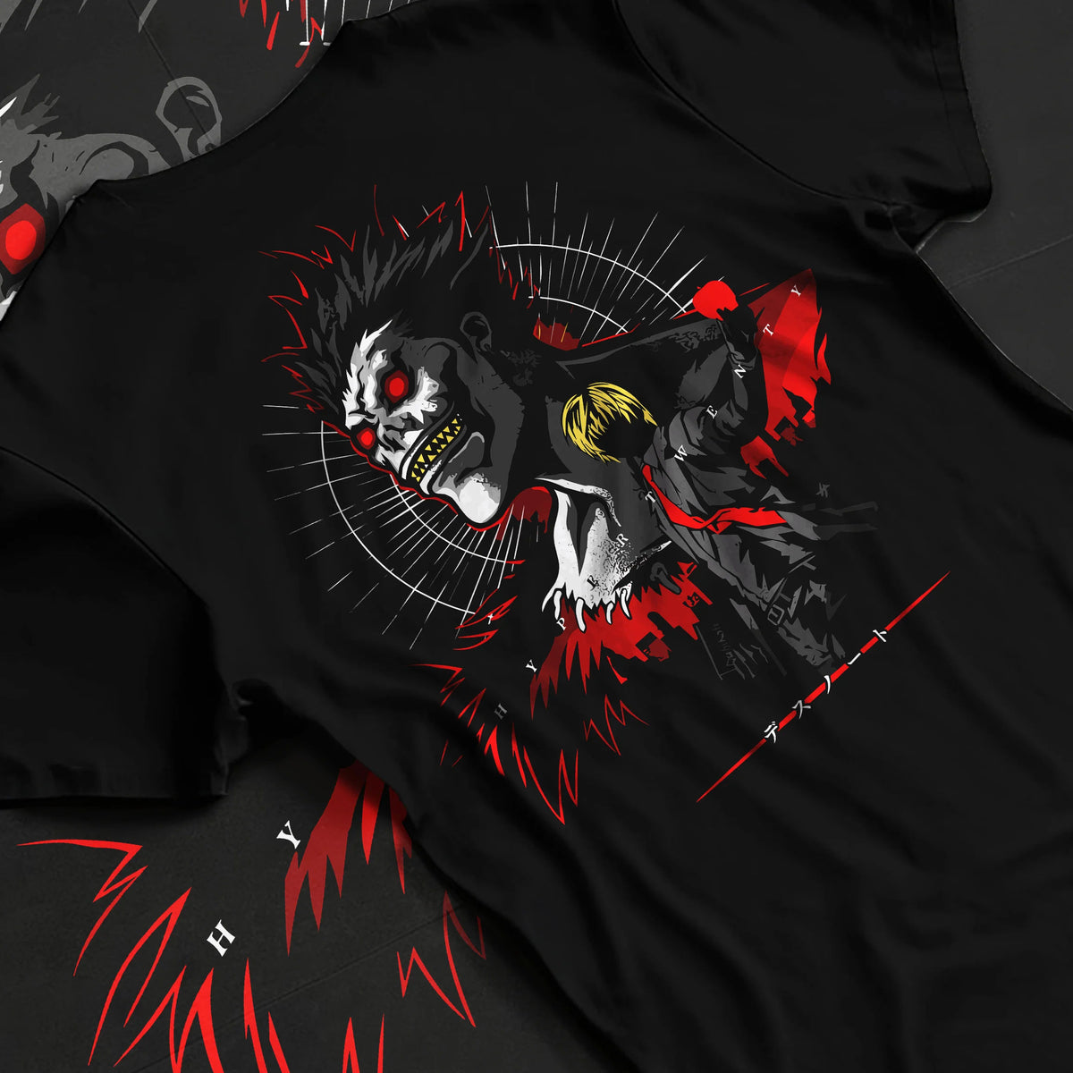 Black T-shirt flat back view showing Ryuk from Death Note: Shinigami red-black lighting design
