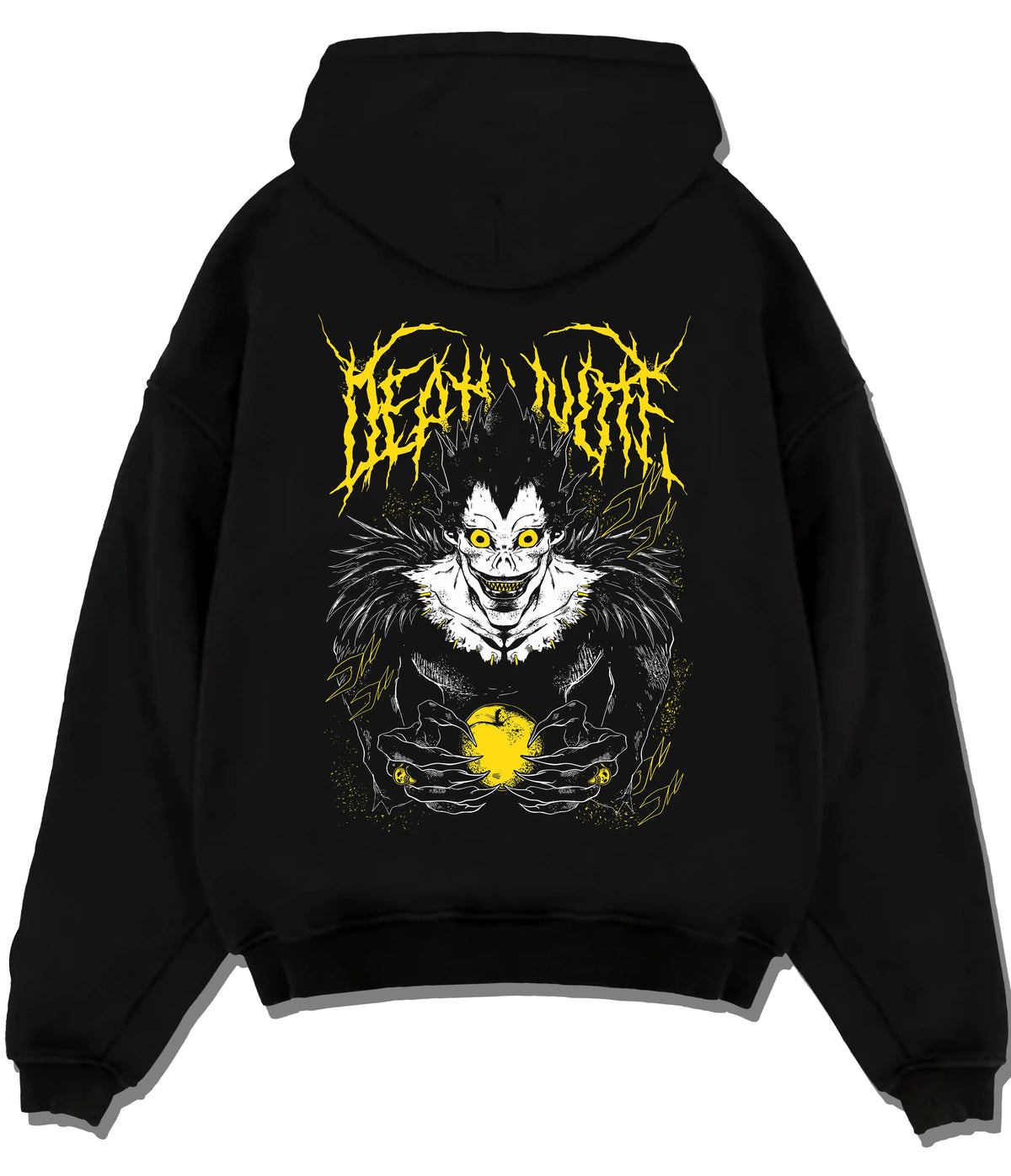 Black hoodie flat back view showing Ryuk from Death Note: Shinigami with apple