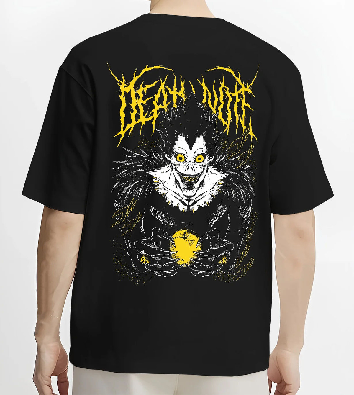 Black T-shirt model back view showing Ryuk from Death Note: Shinigami with apple