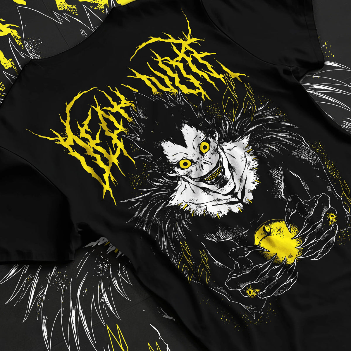 Black T-shirt flat back view showing Ryuk from Death Note: Shinigami with apple