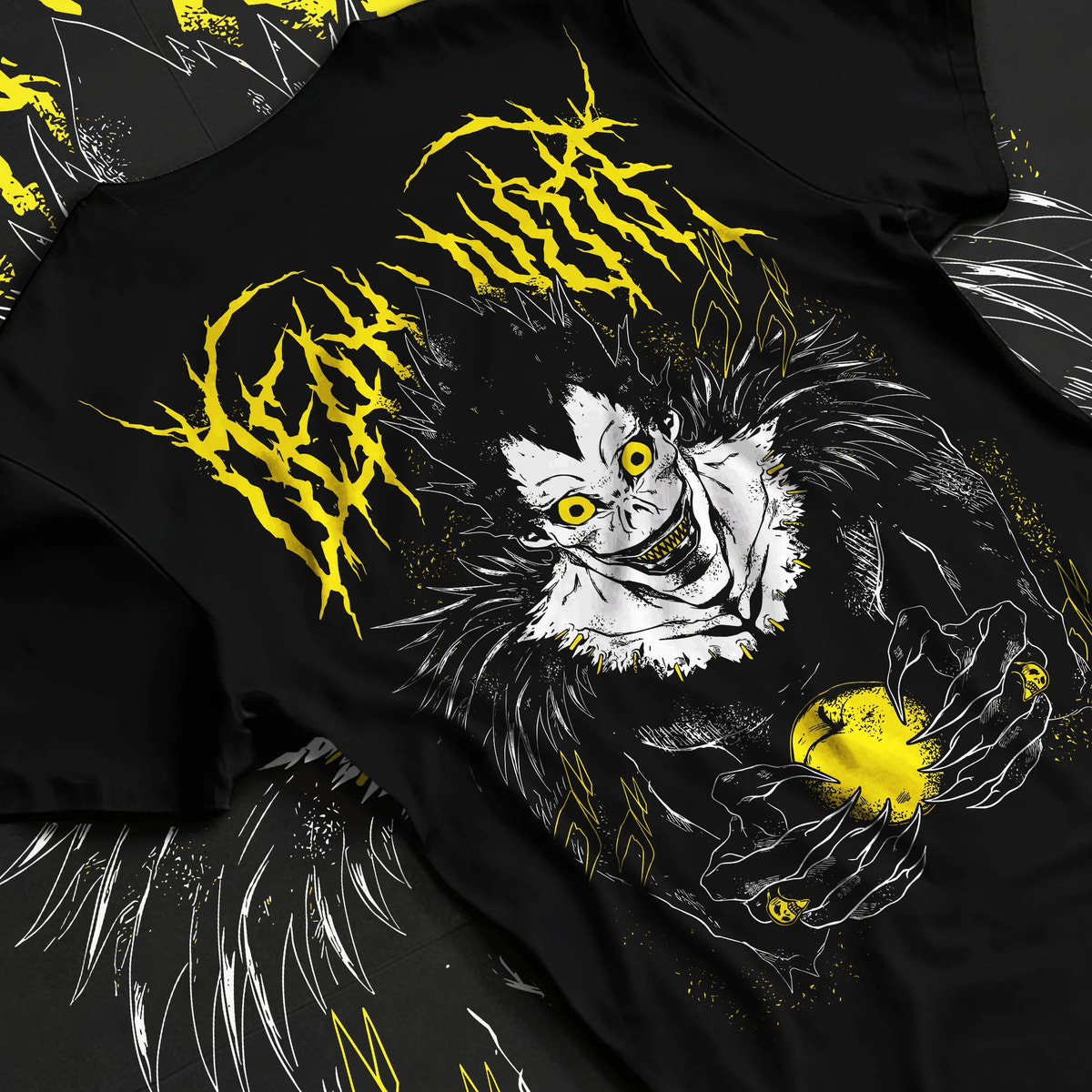 Black T-shirt flat back view showing Ryuk from Death Note: Shinigami with apple
