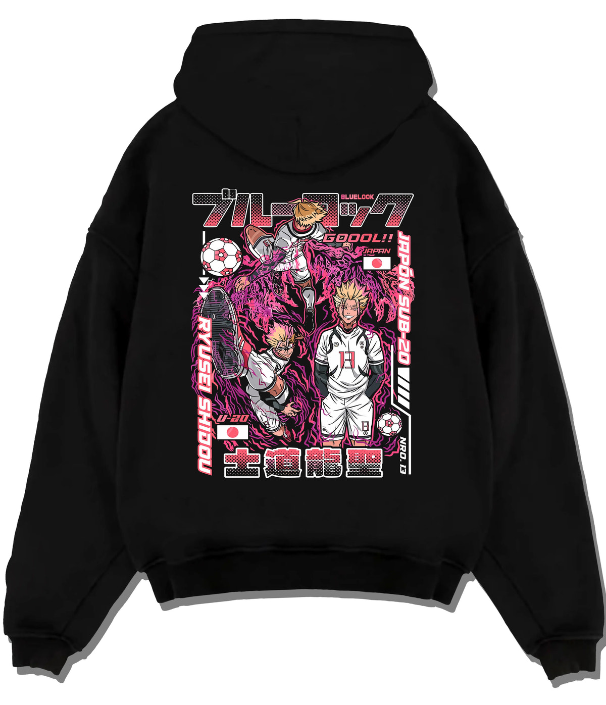 Black hoodie flat back view showing Ryusei Shidou from Blue Lock: Blue Lock football manga