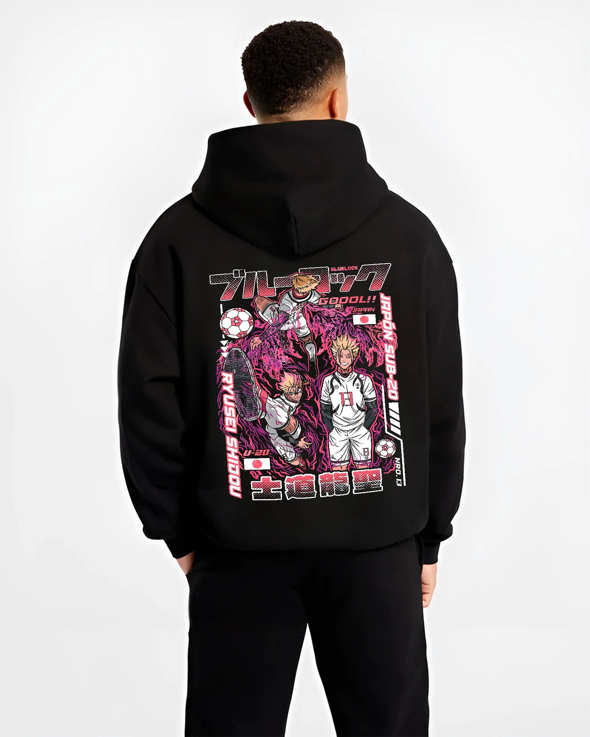 Black hoodie model back view showing Ryusei Shidou from Blue Lock: Blue Lock football manga