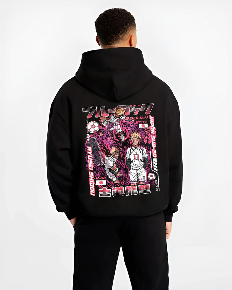Black hoodie model back view showing Ryusei Shidou from Blue Lock: Blue Lock football manga