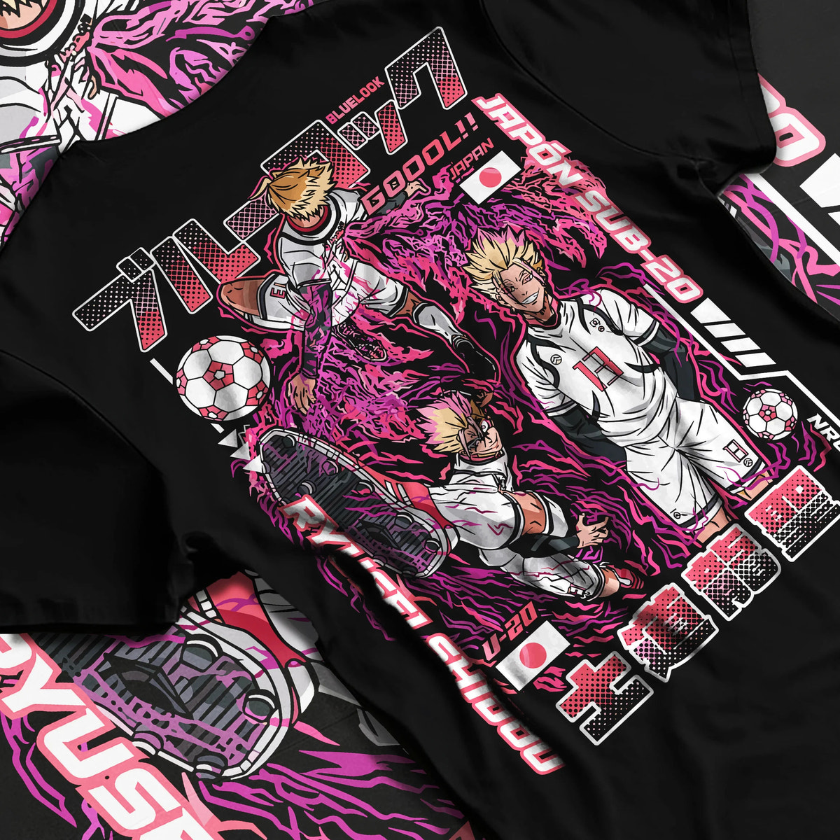 Black T-shirt flat back view showing Ryusei Shidou from Blue Lock: Blue Lock football manga